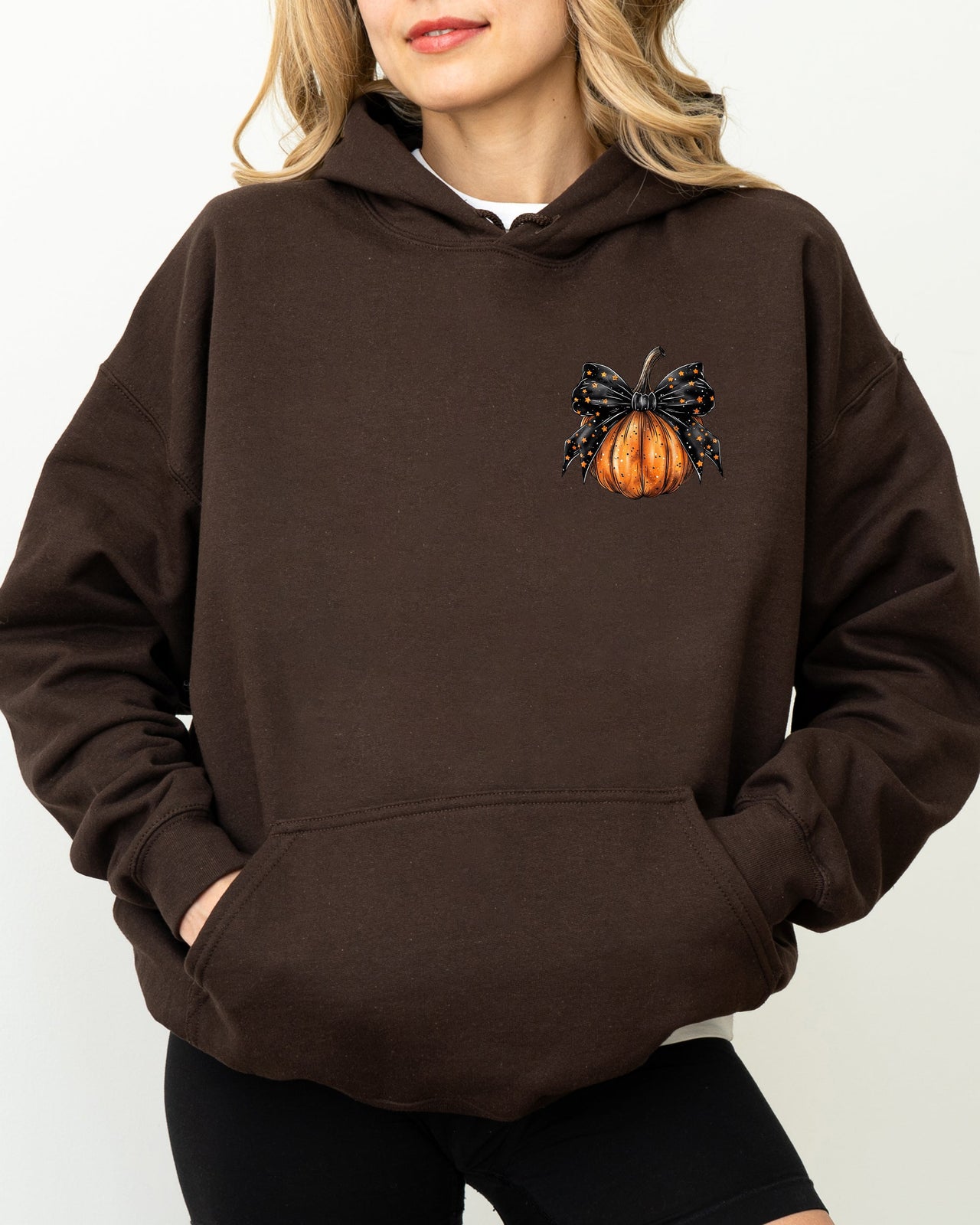 Halloween Pumpkin Ribbon Pocket Print Graphic Coquette Fall Autumn Hooded Sweatshirt