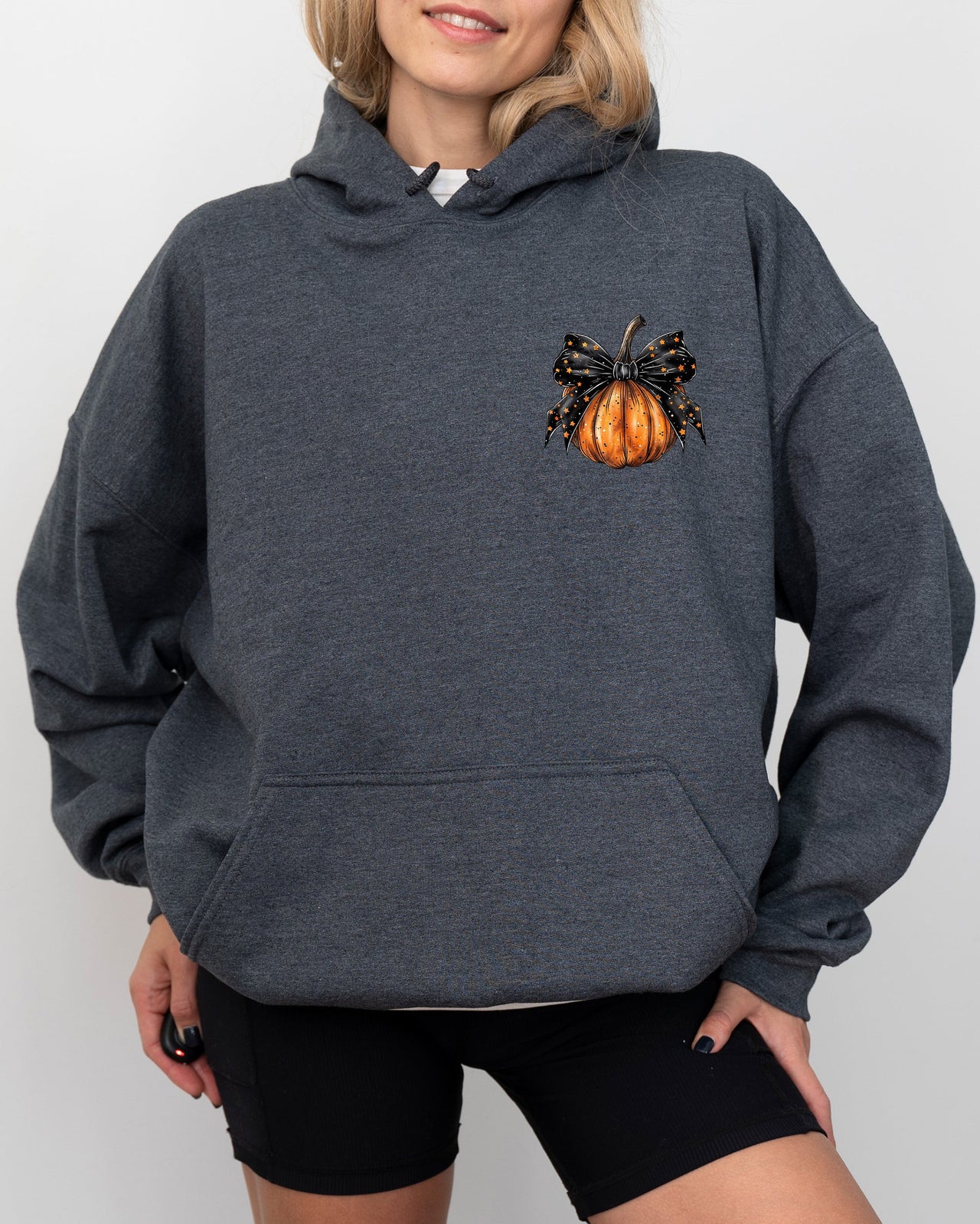Halloween Pumpkin Ribbon Pocket Print Graphic Coquette Fall Autumn Hooded Sweatshirt