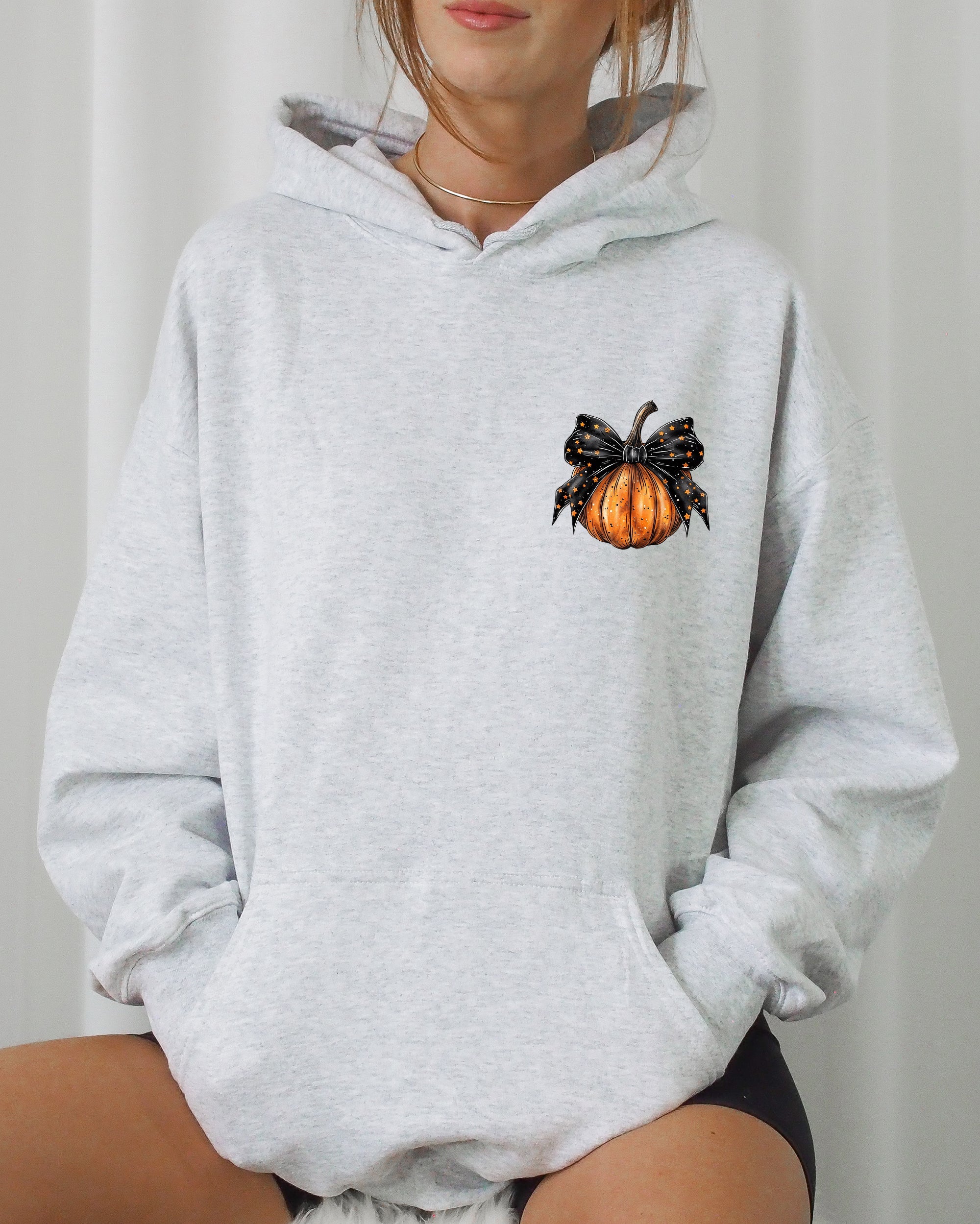 Halloween Pumpkin Ribbon Pocket Print Graphic Coquette Fall Autumn Hooded Sweatshirt