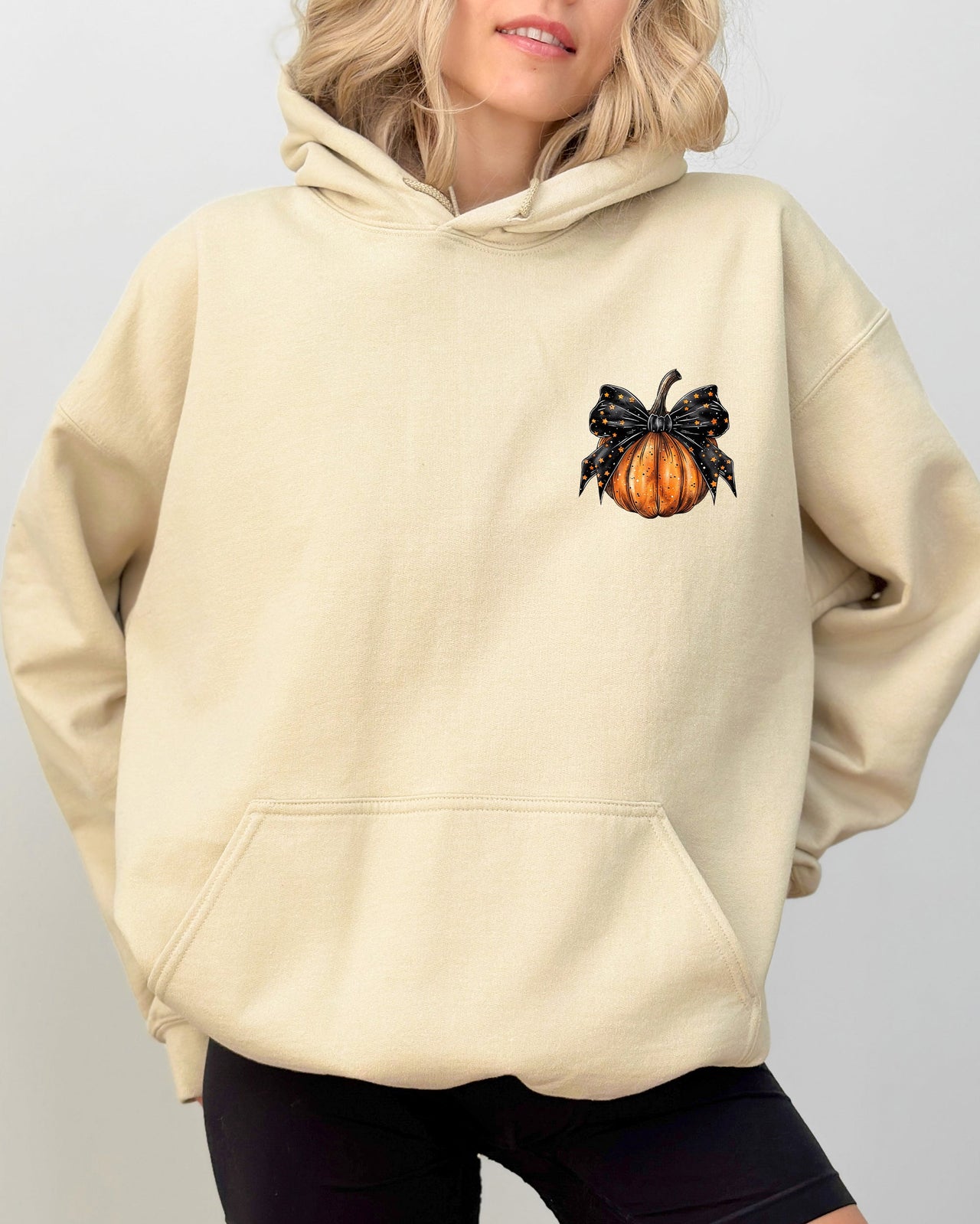 Halloween Pumpkin Ribbon Pocket Print Graphic Coquette Fall Autumn Hooded Sweatshirt
