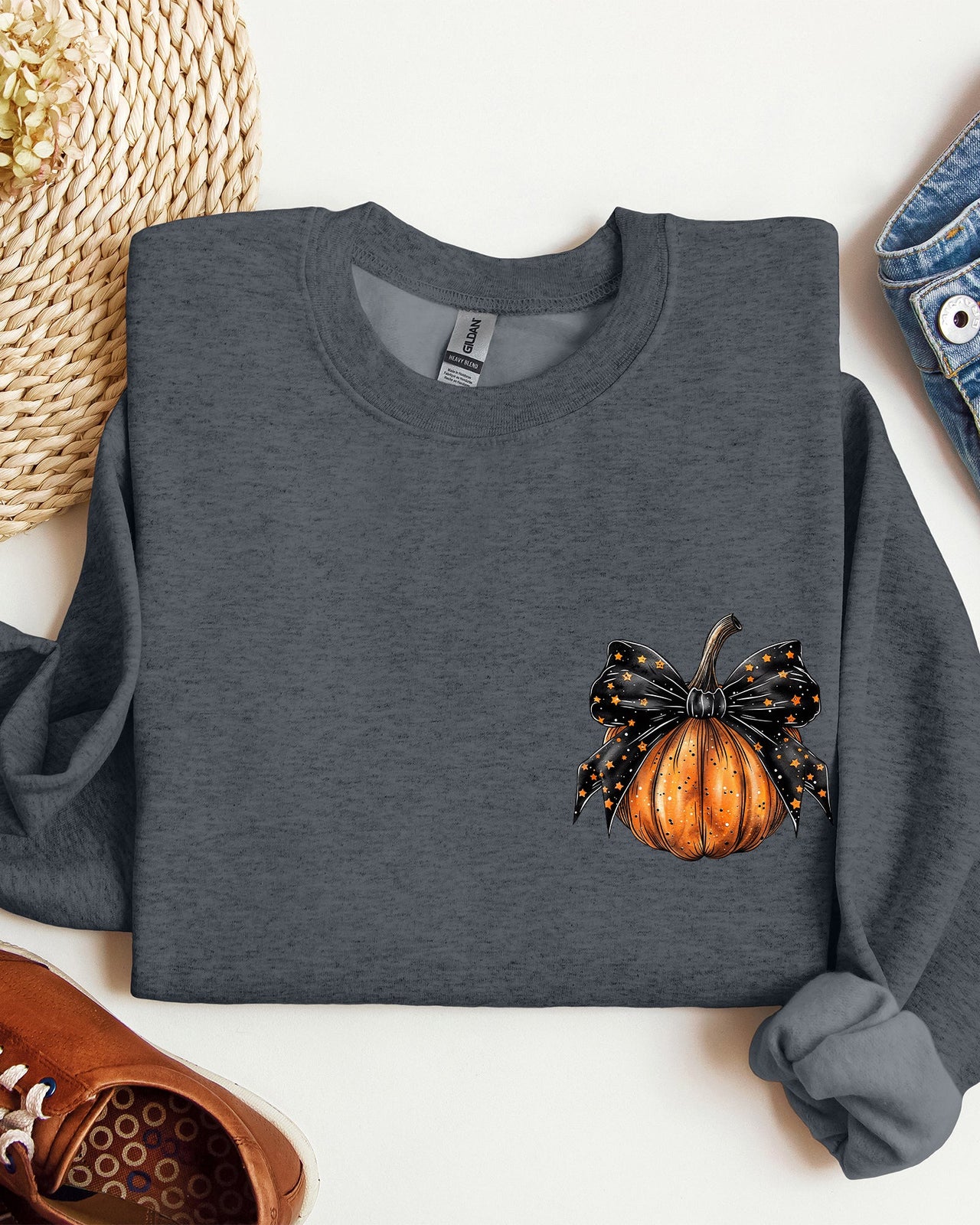 Halloween Pumpkin Ribbon Pocket Print Coquette Fall Autumn Cozy Festive Edition Sweatshirt