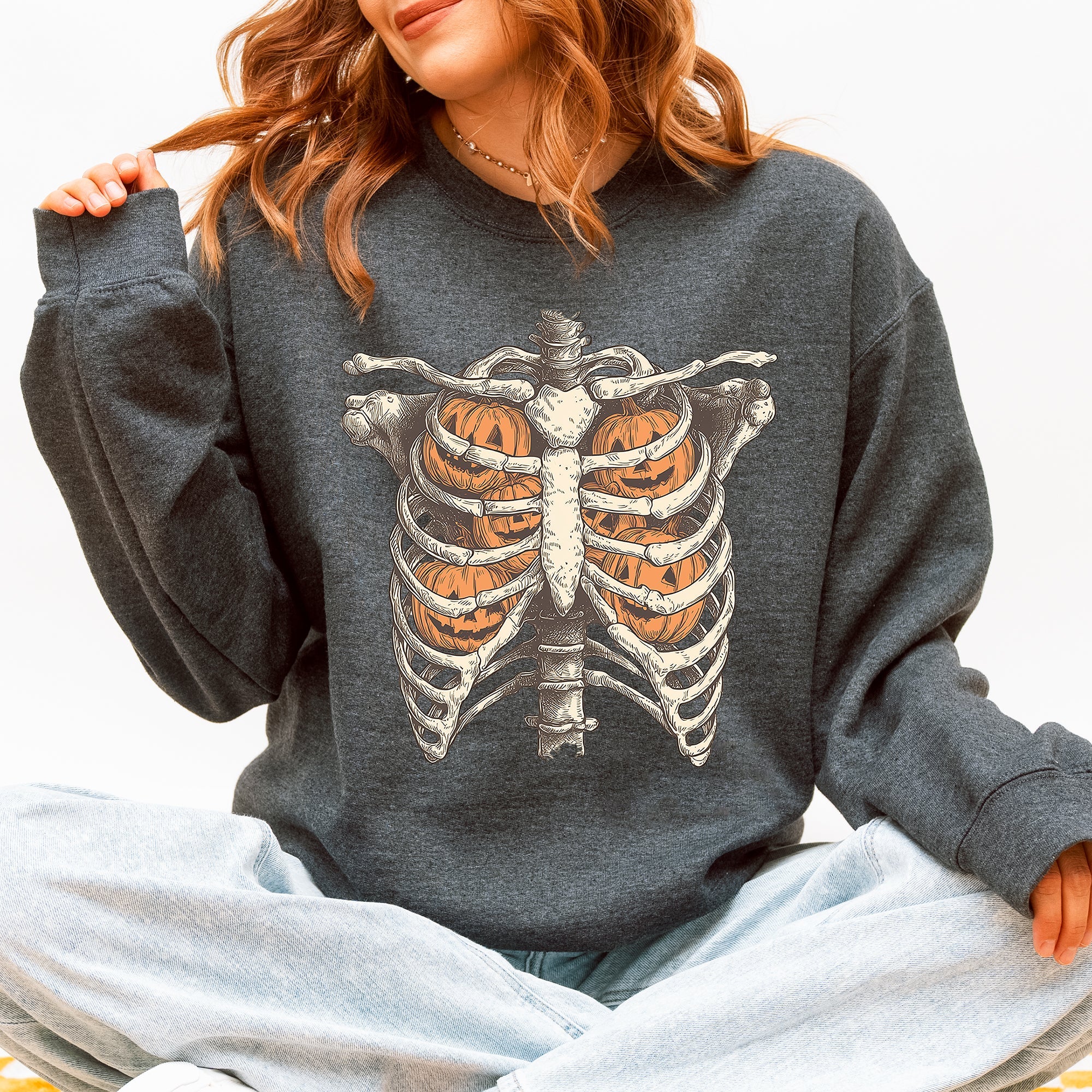 Halloween Skeleton, Pumpkins, Anatomy, Spooky Graphic Art Print For Halloween Season Sweatshirt