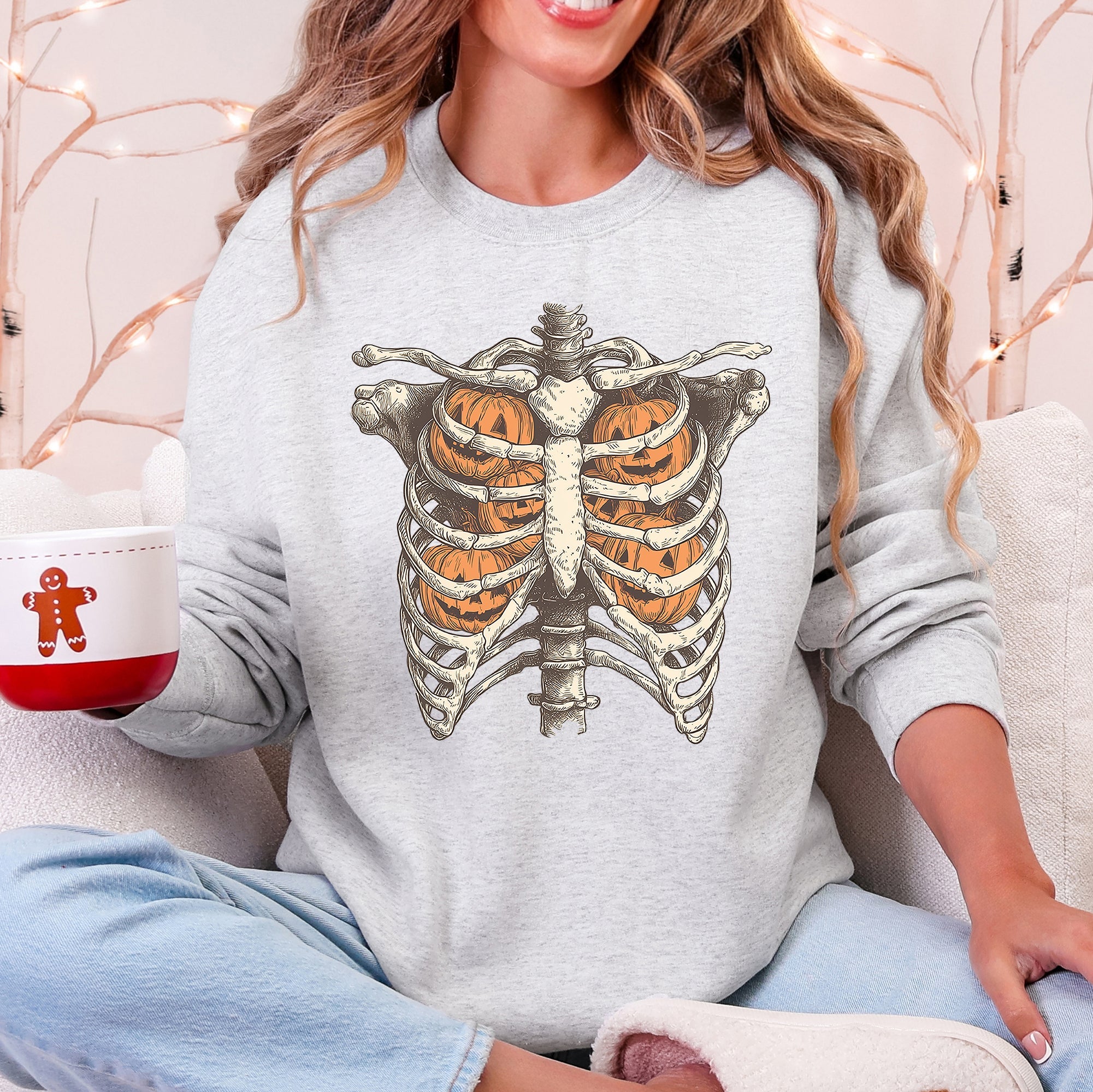 Halloween Skeleton, Pumpkins, Anatomy, Spooky Graphic Art Print For Halloween Season Sweatshirt