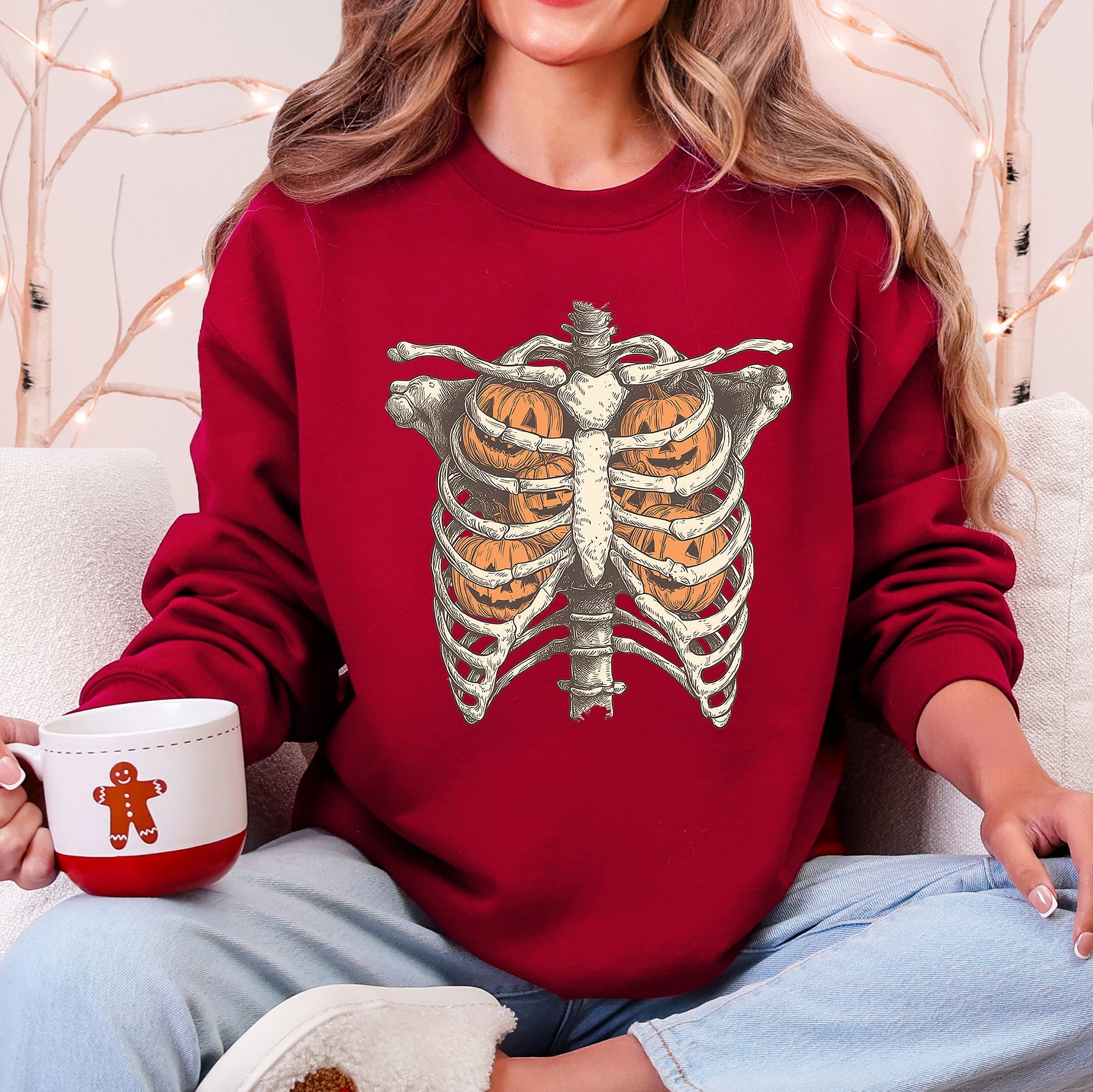 Halloween Skeleton, Pumpkins, Anatomy, Spooky Graphic Art Print For Halloween Season Sweatshirt