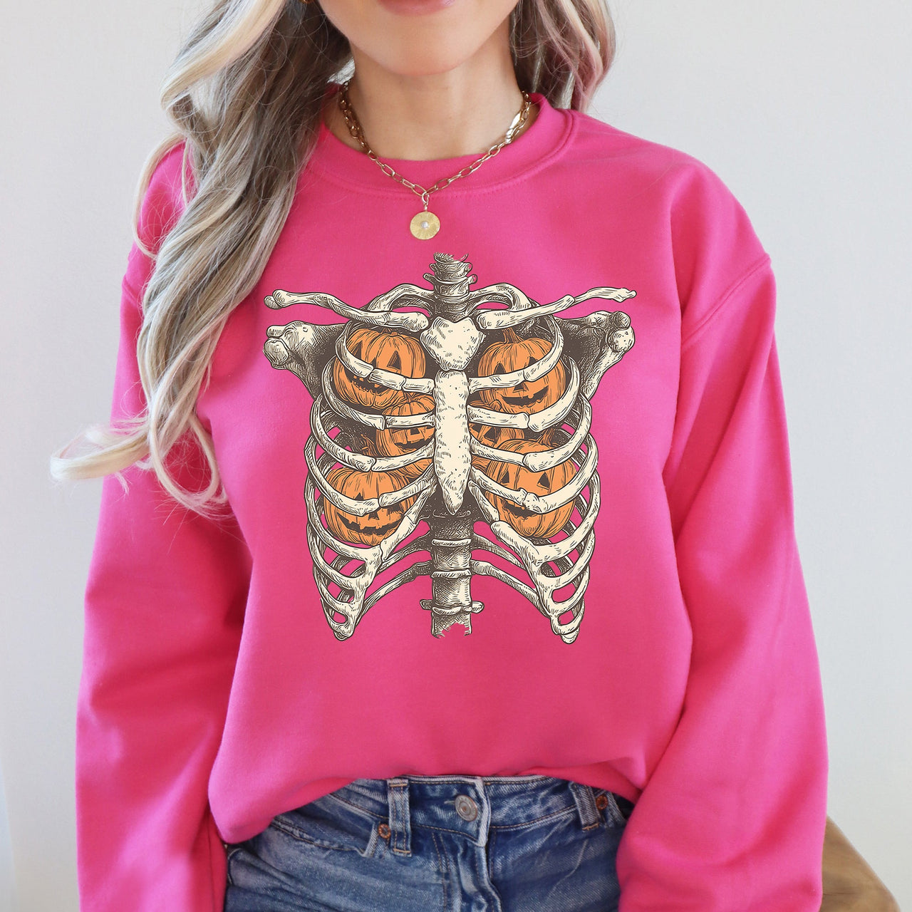Halloween Skeleton, Pumpkins, Anatomy, Spooky Graphic Art Print For Halloween Season Sweatshirt