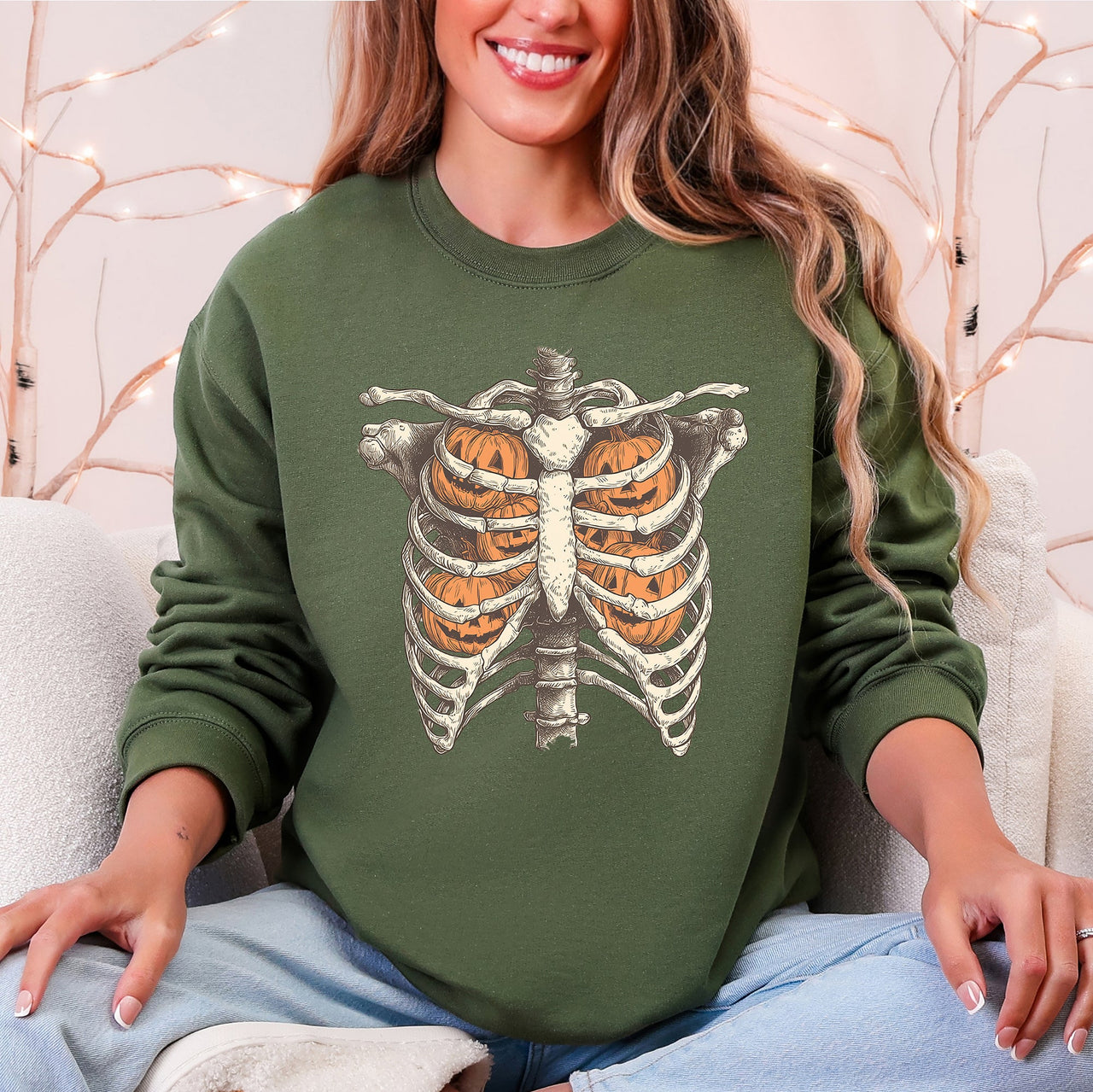 Halloween Skeleton, Pumpkins, Anatomy, Spooky Graphic Art Print For Halloween Season Sweatshirt