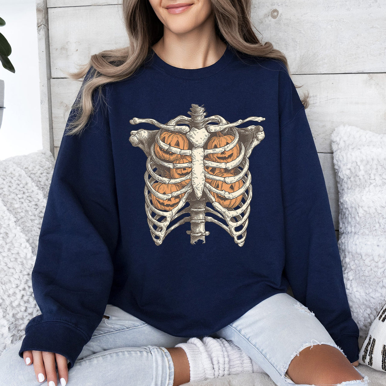 Halloween Skeleton, Pumpkins, Anatomy, Spooky Graphic Art Print For Halloween Season Sweatshirt