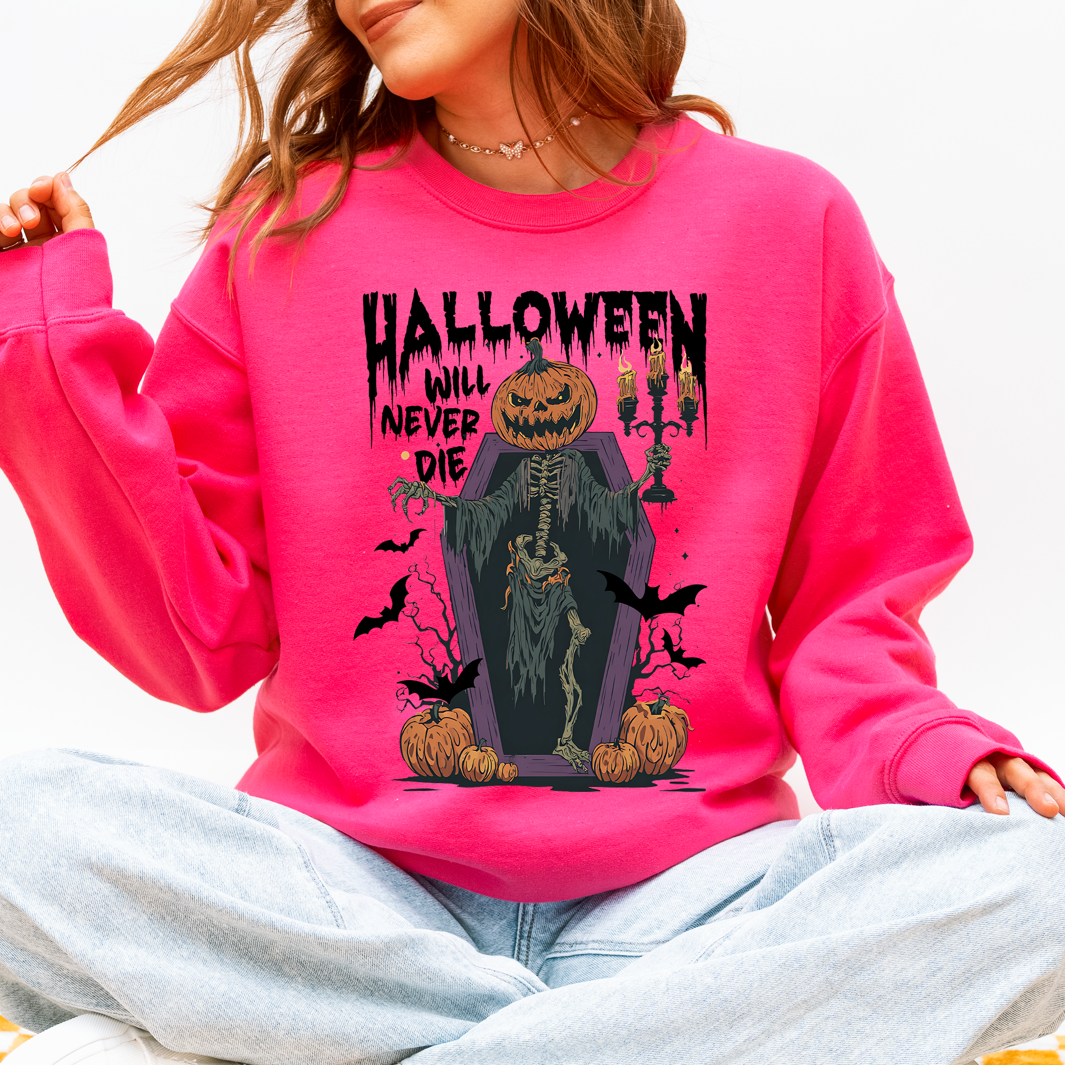 Halloween Will Never Die Spooky Jack O Lantern Pumpkin Haunted Autumn Night Graphic Illustration Collection Sweatshirt