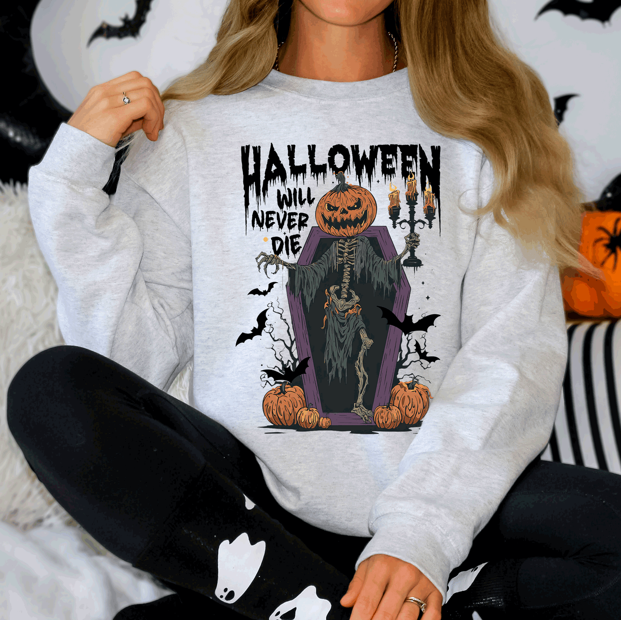 Halloween Will Never Die Spooky Jack O Lantern Pumpkin Haunted Autumn Night Graphic Illustration Collection Sweatshirt