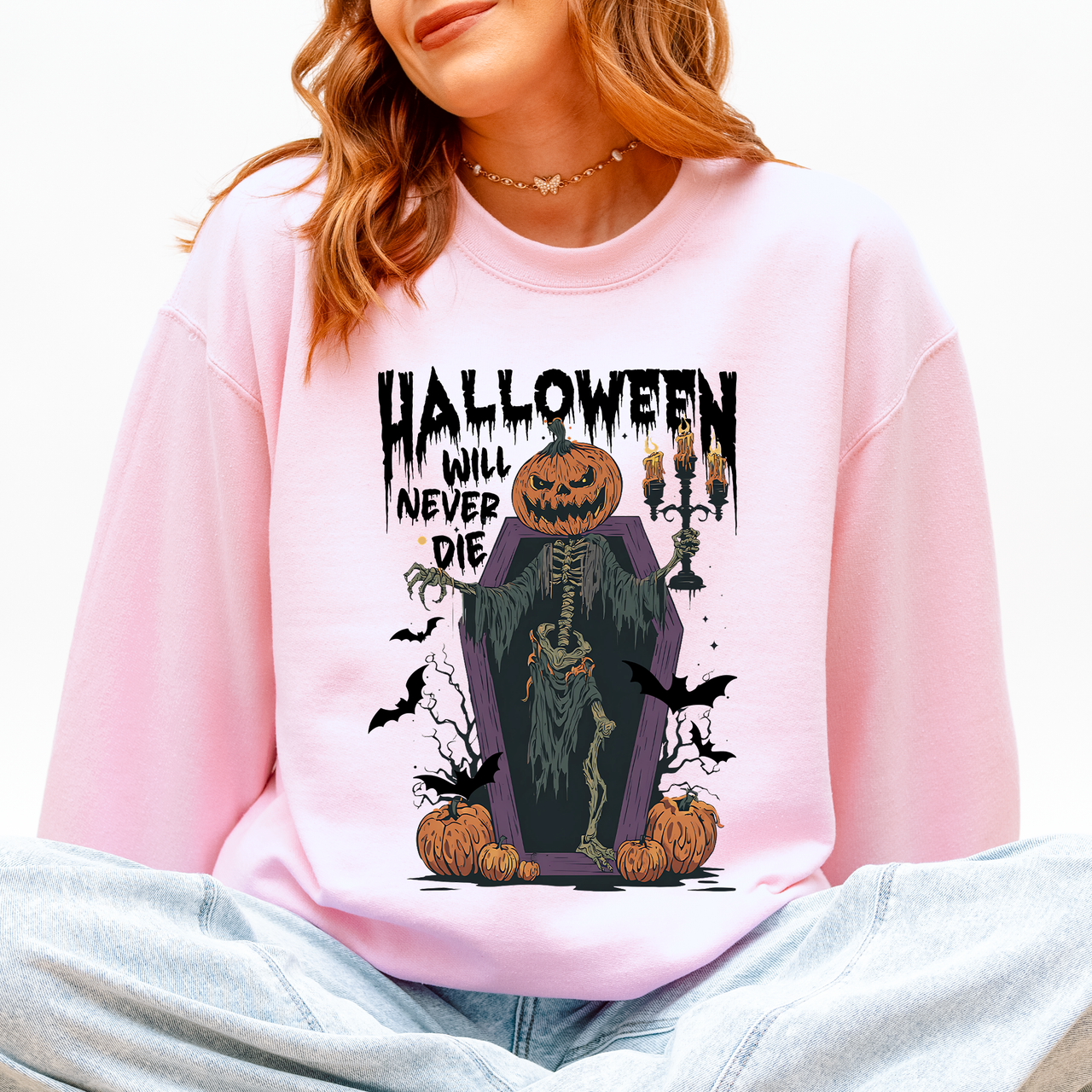 Halloween Will Never Die Spooky Jack O Lantern Pumpkin Haunted Autumn Night Graphic Illustration Collection Sweatshirt