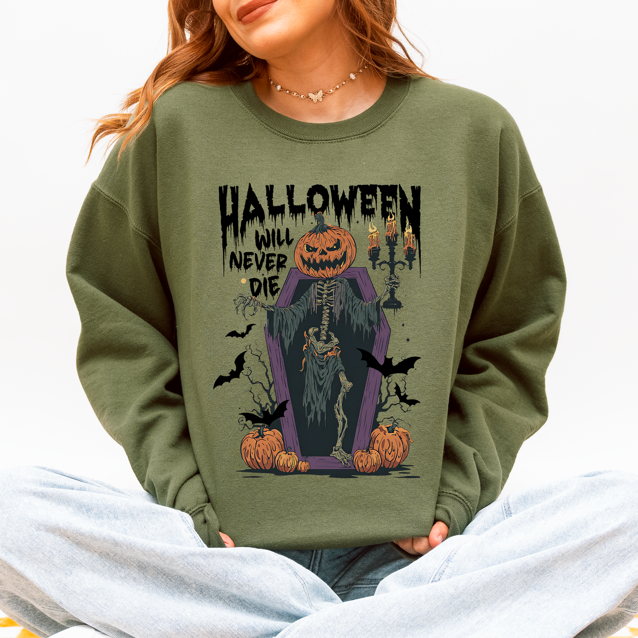 Halloween Will Never Die Spooky Jack O Lantern Pumpkin Haunted Autumn Night Graphic Illustration Collection Sweatshirt