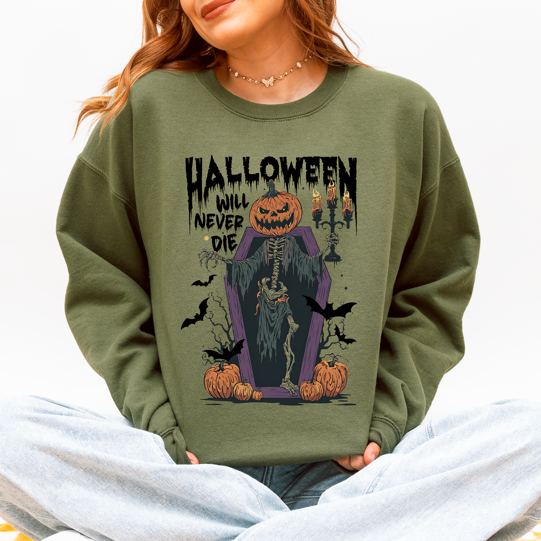 Halloween Will Never Die Spooky Jack O Lantern Pumpkin Haunted Autumn Night Graphic Illustration Collection Sweatshirt