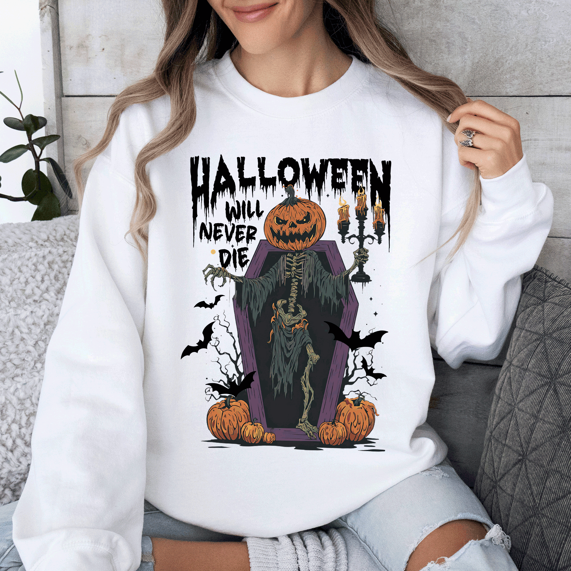 Halloween Will Never Die Spooky Jack O Lantern Pumpkin Haunted Autumn Night Graphic Illustration Collection Sweatshirt