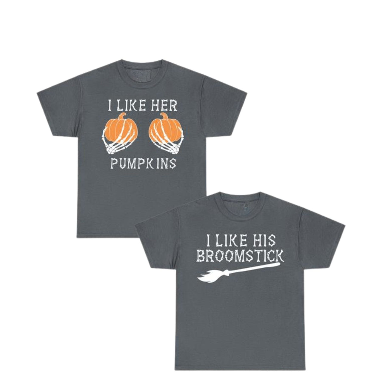 Halloween Couple T-Shirts – I Like Her Pumpkins / I Like His Broomstick