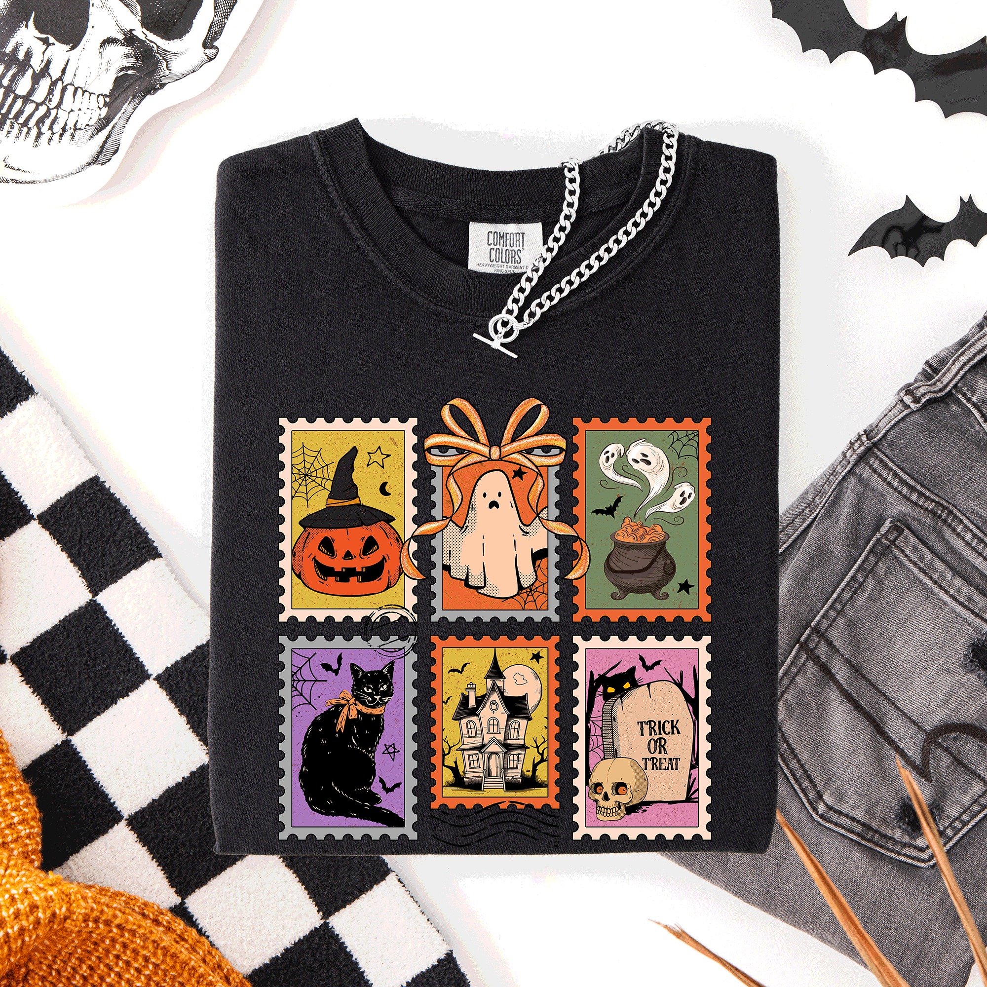 Classic Halloween Ghost Black Cat Pumpkin Witch Spooky Season Comfort Colors Tee