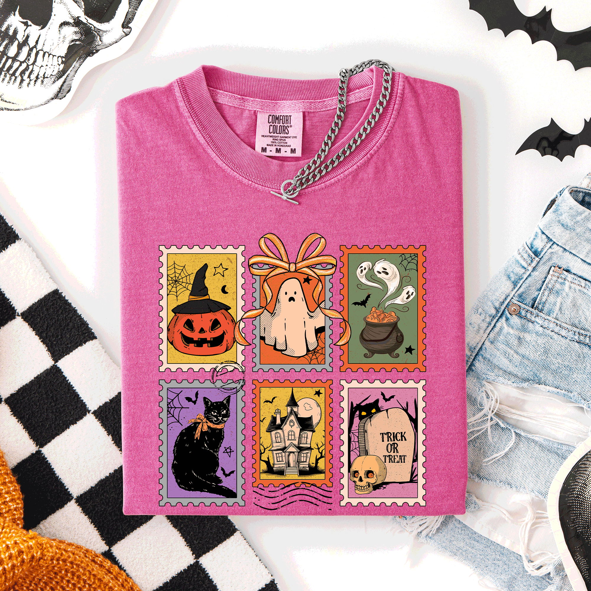 Classic Halloween Ghost Black Cat Pumpkin Witch Spooky Season Comfort Colors Tee