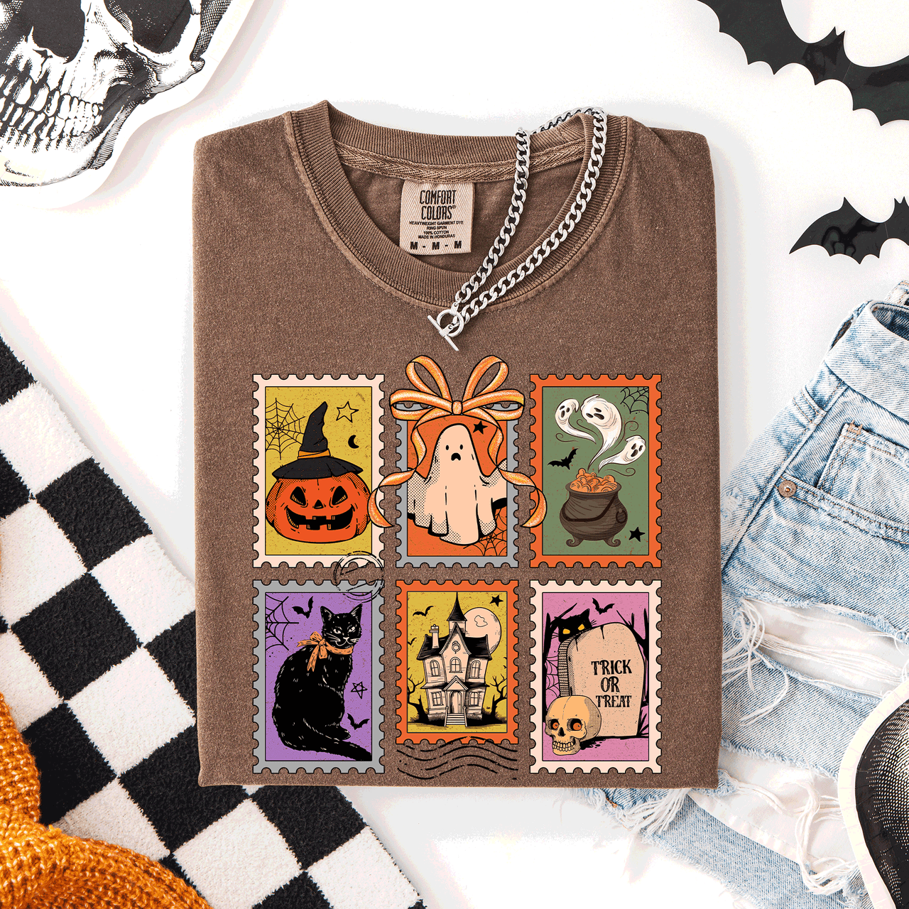 Classic Halloween Ghost Black Cat Pumpkin Witch Spooky Season Comfort Colors Tee
