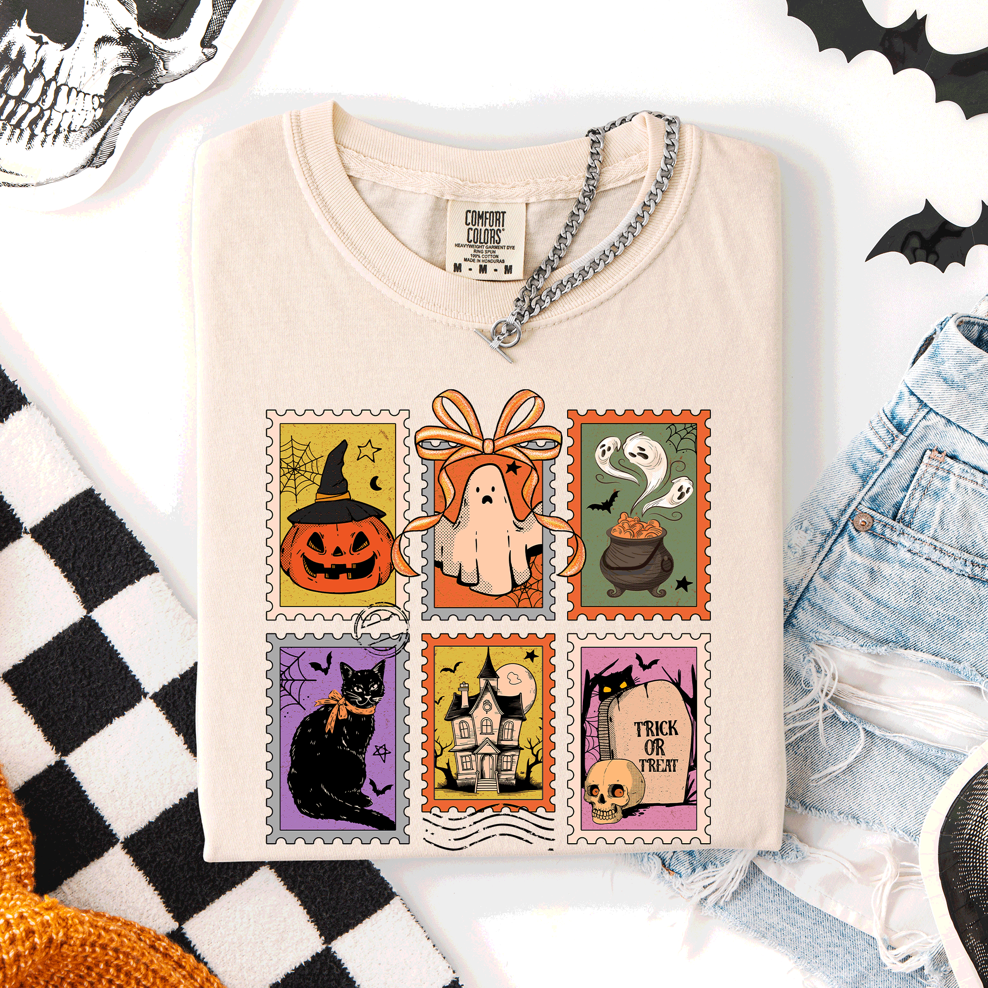 Classic Halloween Ghost Black Cat Pumpkin Witch Spooky Season Comfort Colors Tee