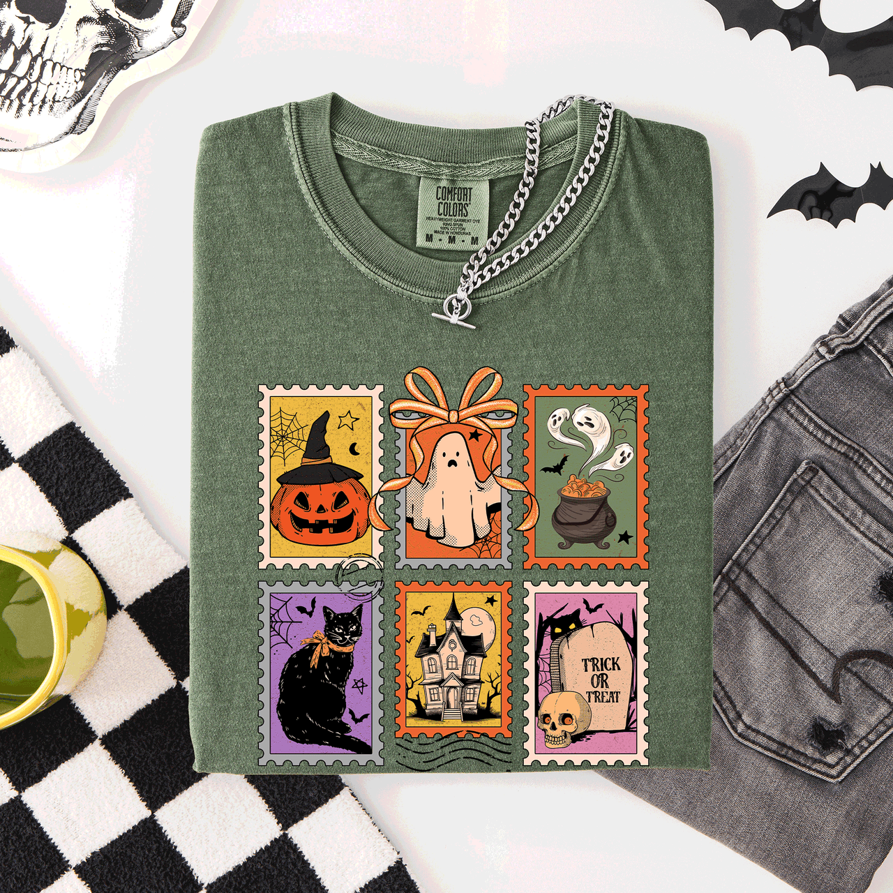 Classic Halloween Ghost Black Cat Pumpkin Witch Spooky Season Comfort Colors Tee