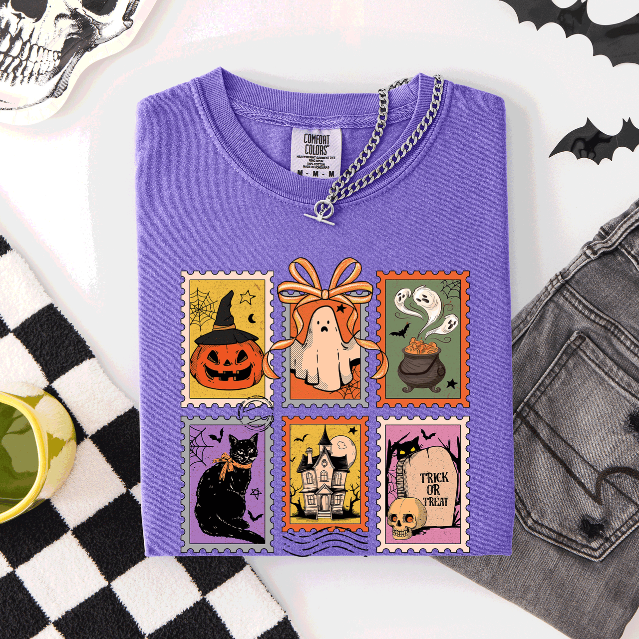 Classic Halloween Ghost Black Cat Pumpkin Witch Spooky Season Comfort Colors Tee