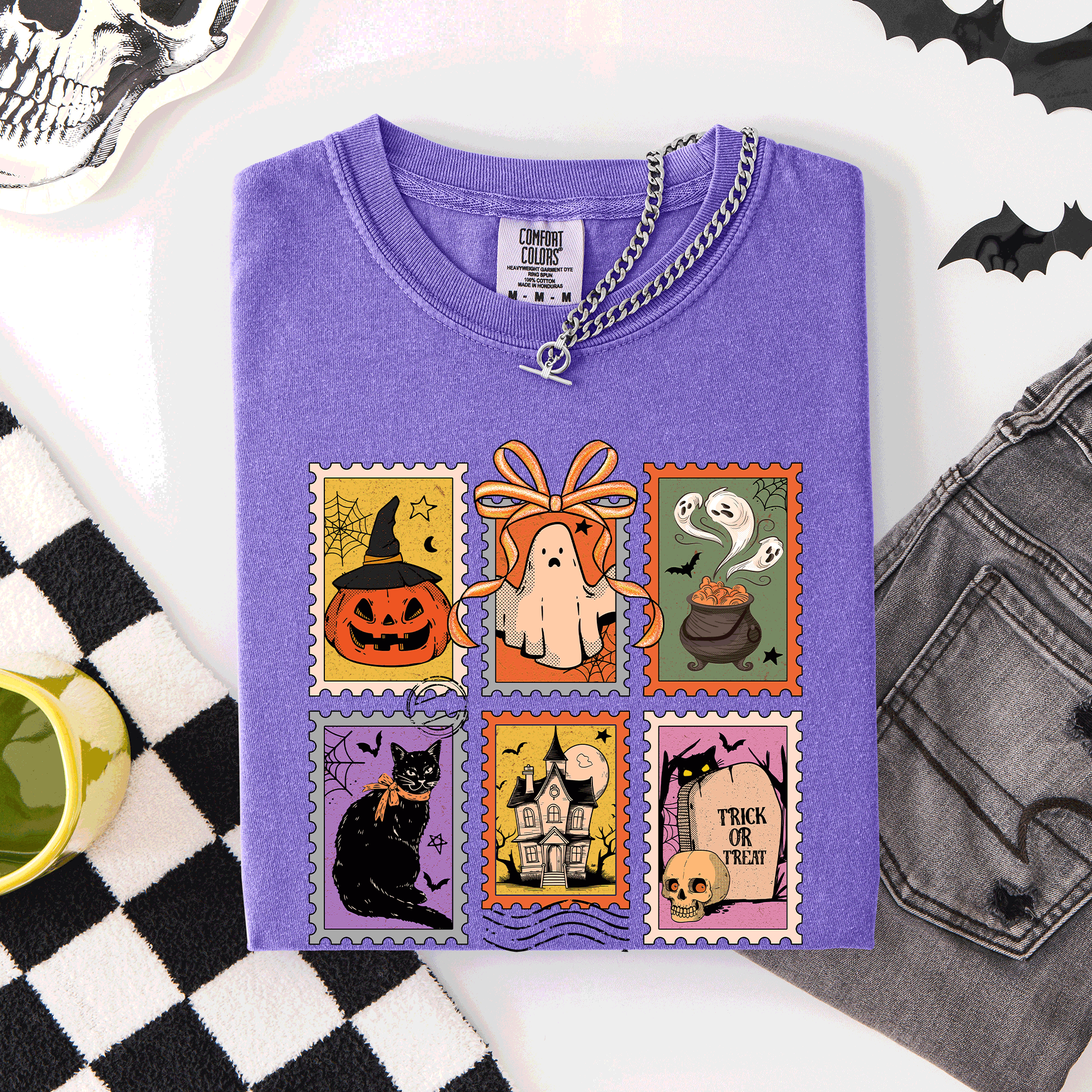 Classic Halloween Ghost Black Cat Pumpkin Witch Spooky Season Comfort Colors Tee
