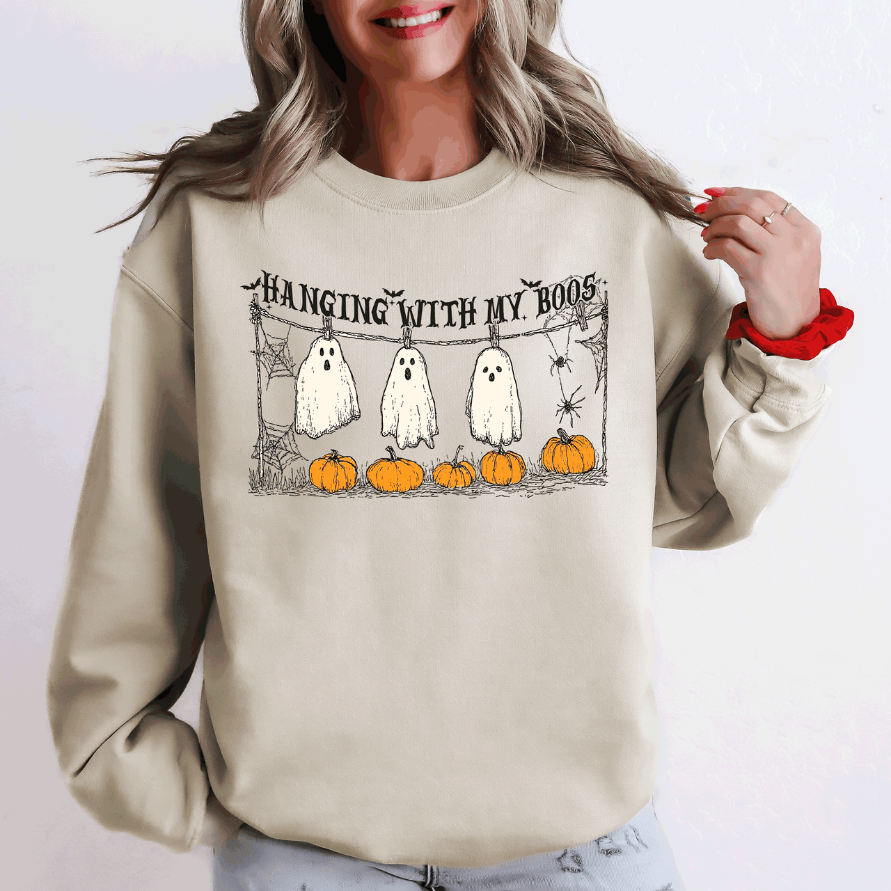 Hanging With My Boos Ghosts Halloween Spooky Seasonal Pumpkins Cozy Graphic Sweatshirt
