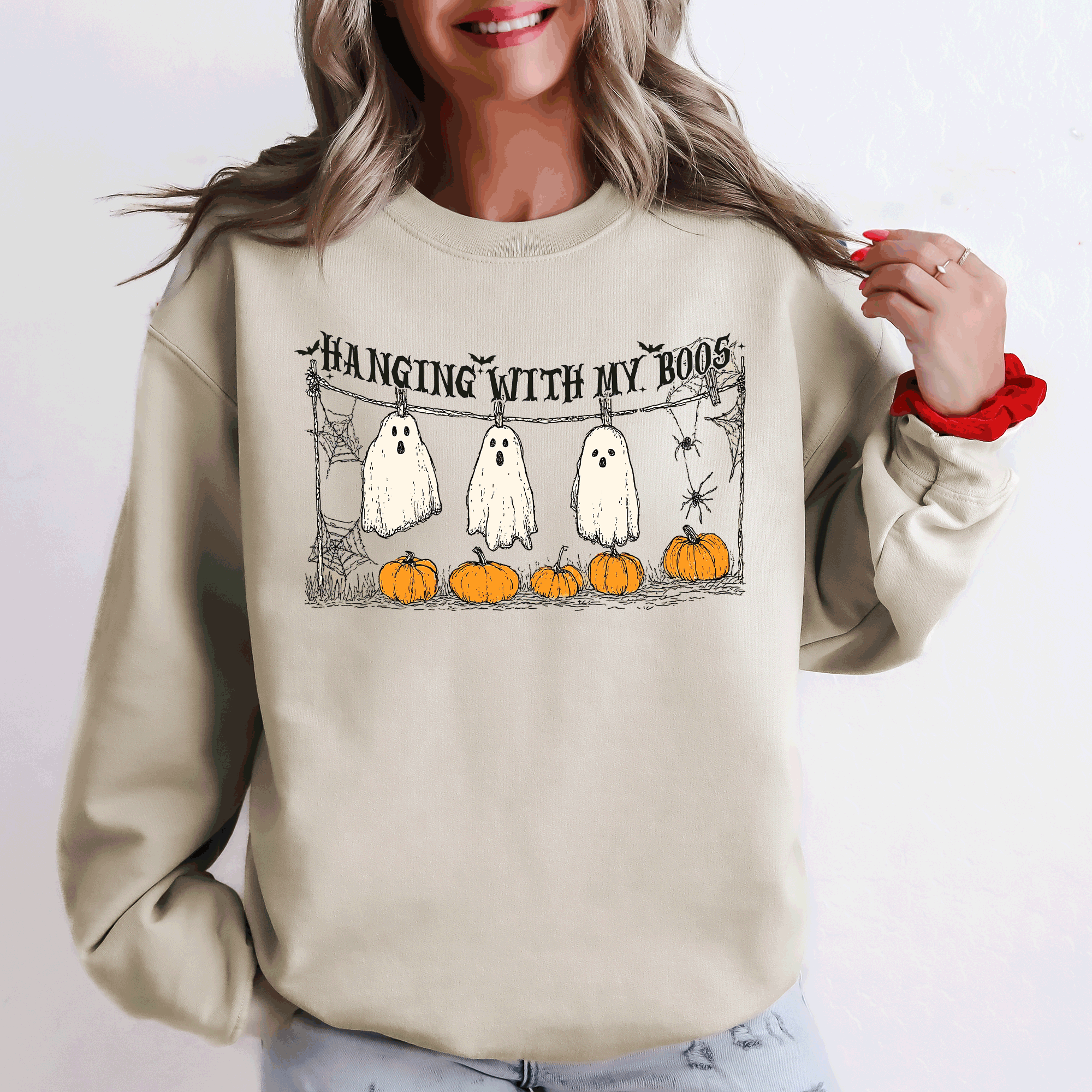 Hanging With My Boos Ghosts Halloween Spooky Seasonal Pumpkins Cozy Graphic Sweatshirt