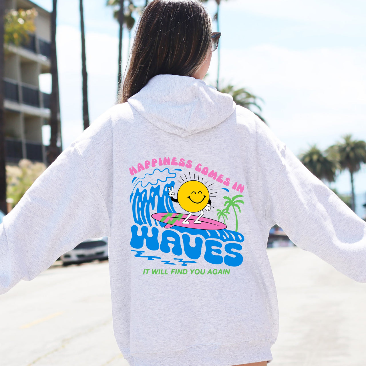 Happiness Comes In Waves Retro Beach Vibes Fun Sun Coastal Sunrise Mood Graphic Hoodie