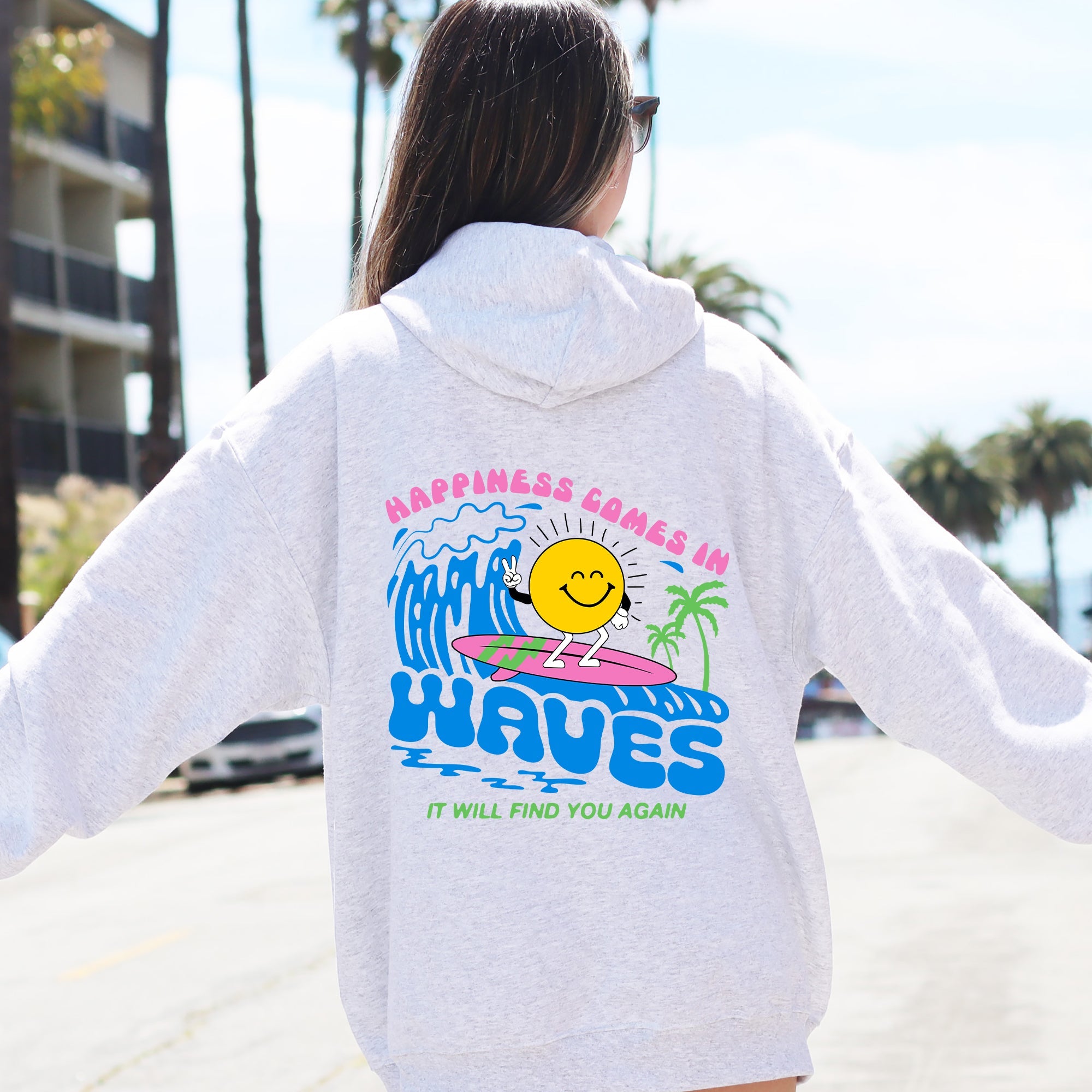 Happiness Comes In Waves Retro Beach Vibes Fun Sun Coastal Sunrise Mood Graphic Hoodie