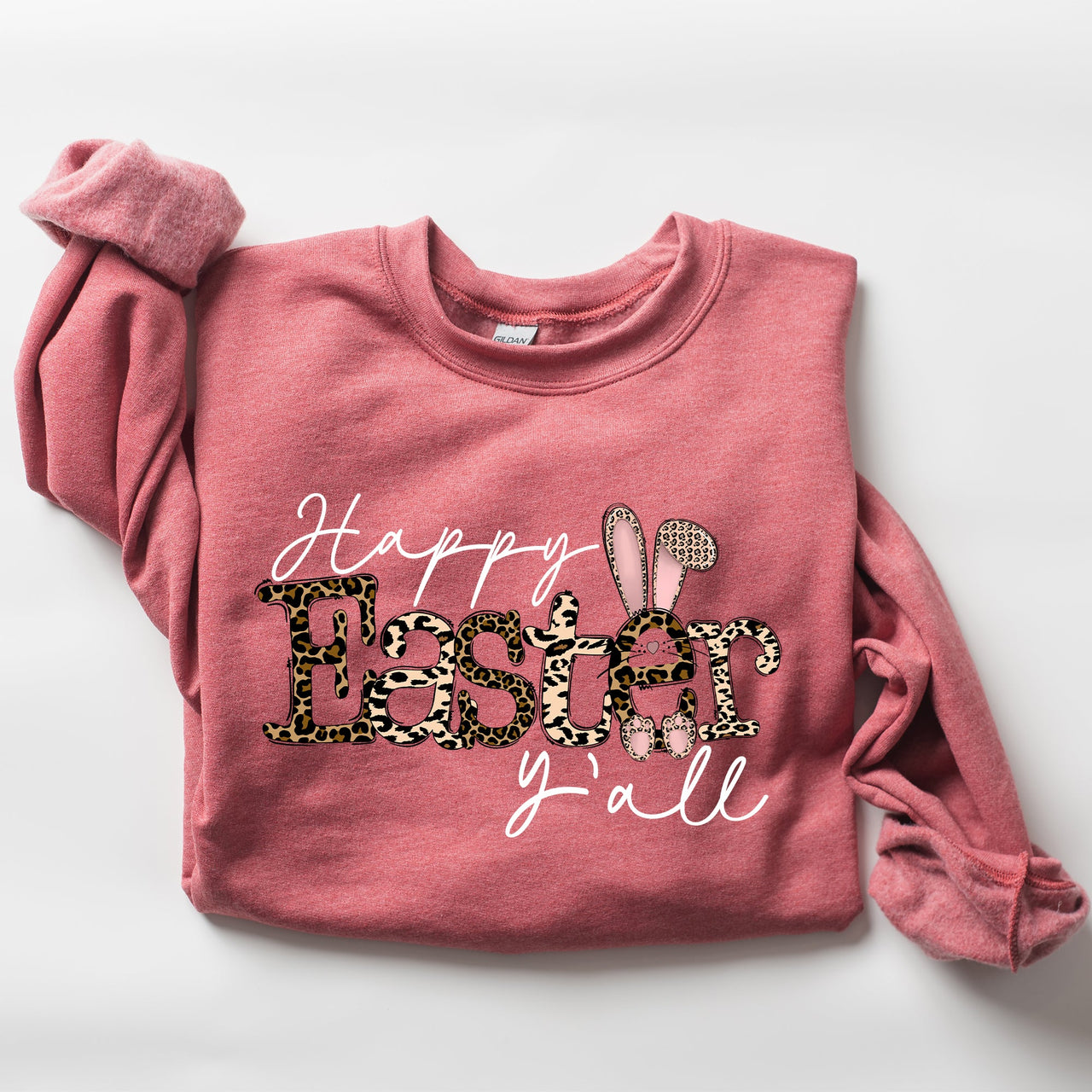 Happy Easter Y'all Leopard Print Rabbit Playful Bunny Motif For Springtime Celebration Cozy Fleece Sweatshirt