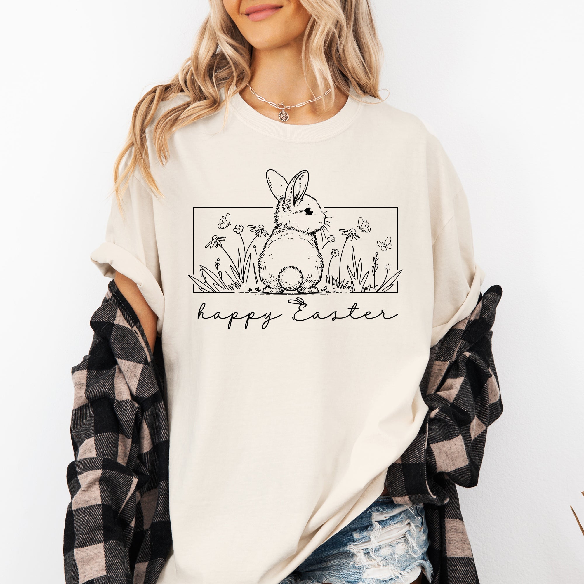 Happy Easter Minimal Bunny Jesus Rabbit Holiday Scene Artwork Comfort Colors Tee