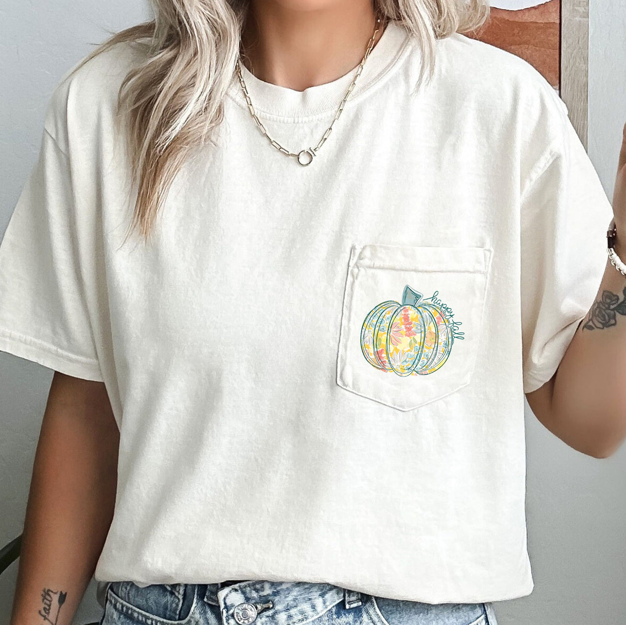 Happy Fall Pastel Pumpkin Thanksgiving Flowers Autumn Garden Scene Comfort Colors Tee