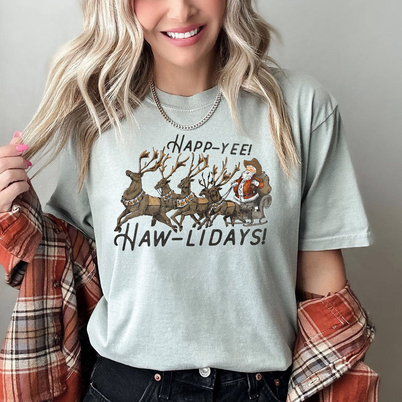 Happy Holidays, Yee Haw, Santa Cowboy, Reindeer Rodeo Christmas Edition Comfort Colors Tee