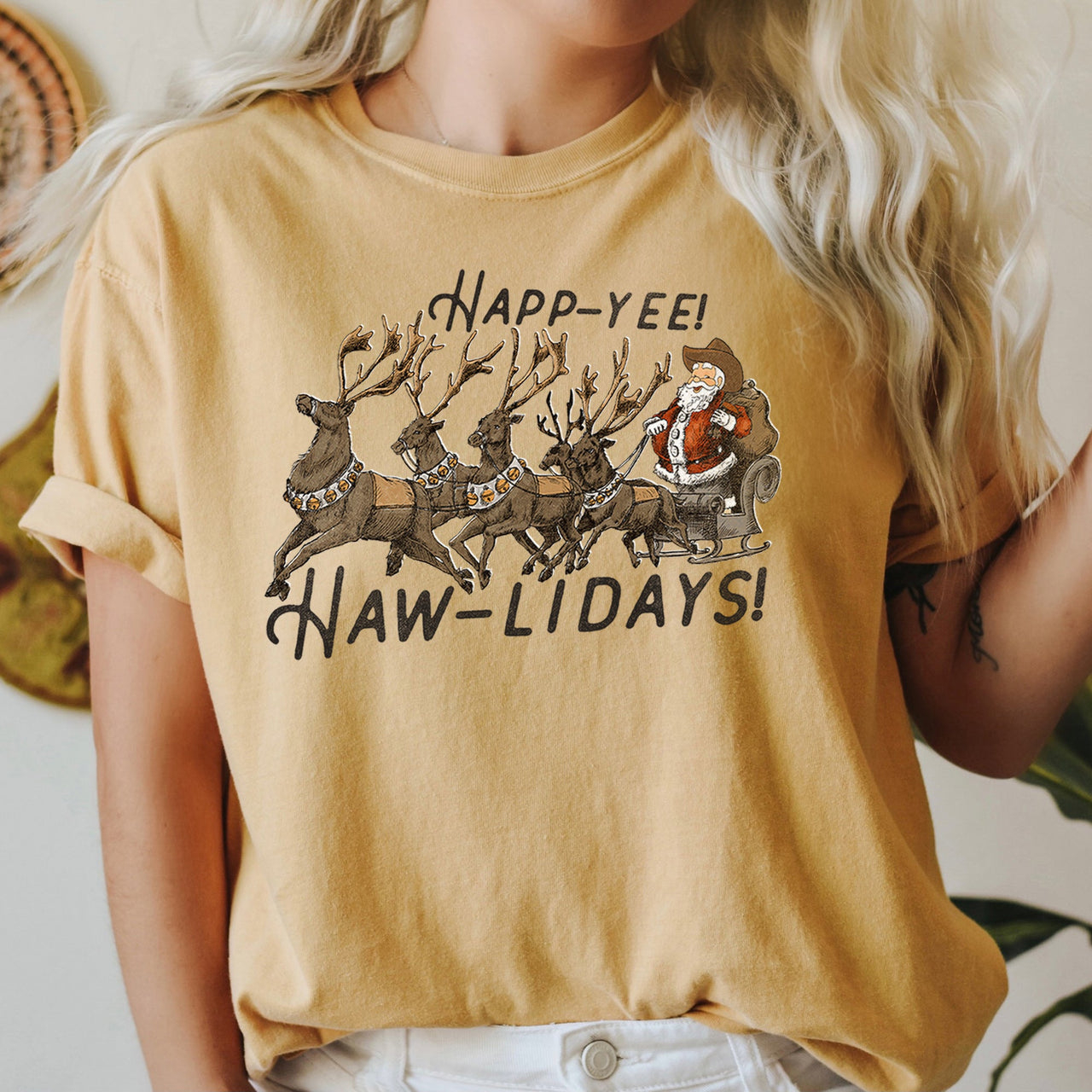 Happy Holidays, Yee Haw, Santa Cowboy, Reindeer Rodeo Christmas Edition Comfort Colors Tee