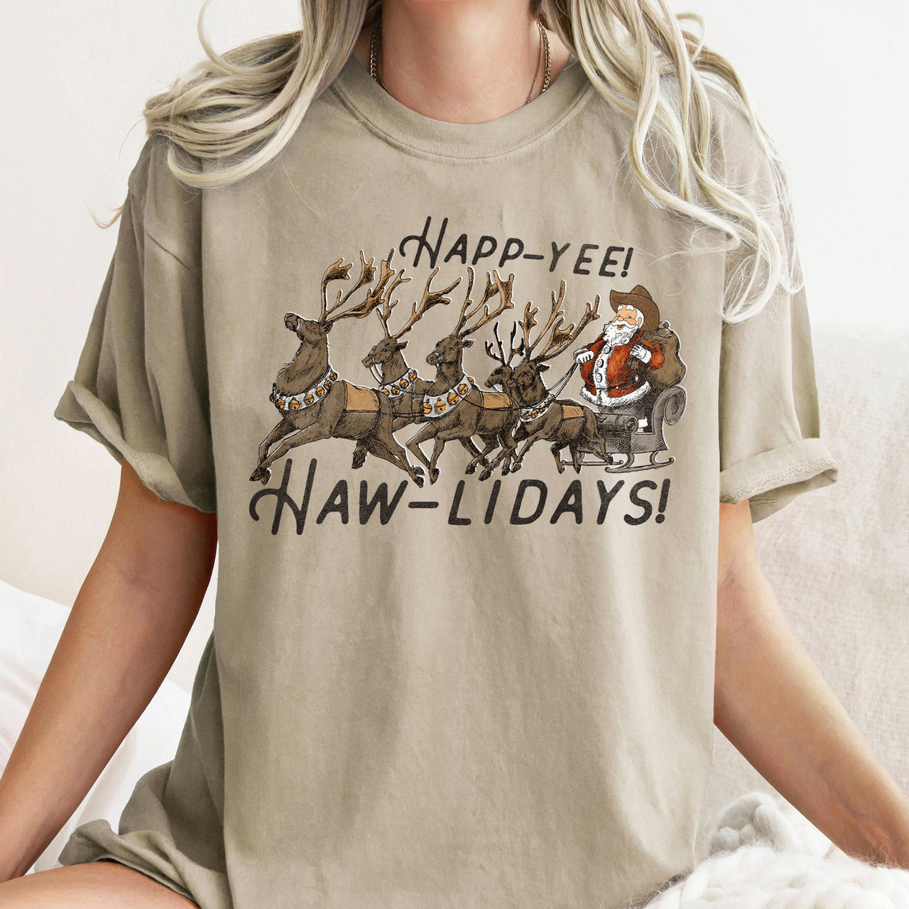 Happy Holidays, Yee Haw, Santa Cowboy, Reindeer Rodeo Christmas Edition Comfort Colors Tee