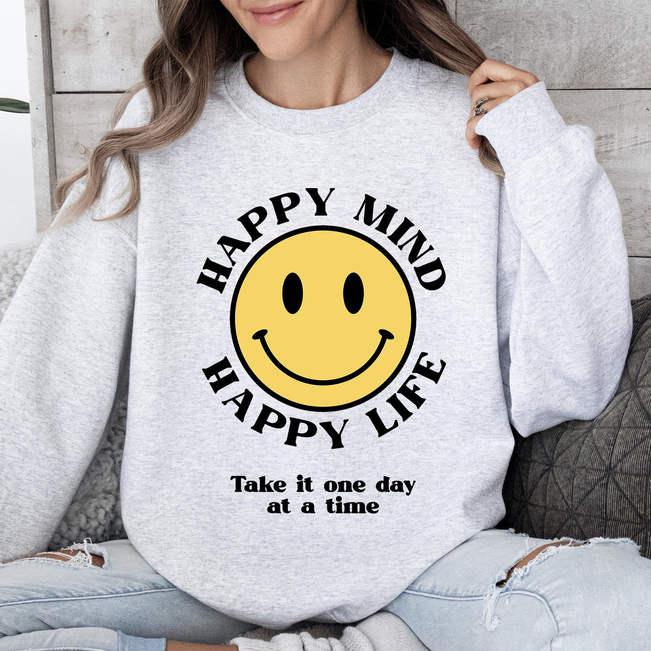 Happy Mind Happy Life Mental Health Self Love Soft Cotton Blend Cozy Everyday Positive Mindset Sweatshirt