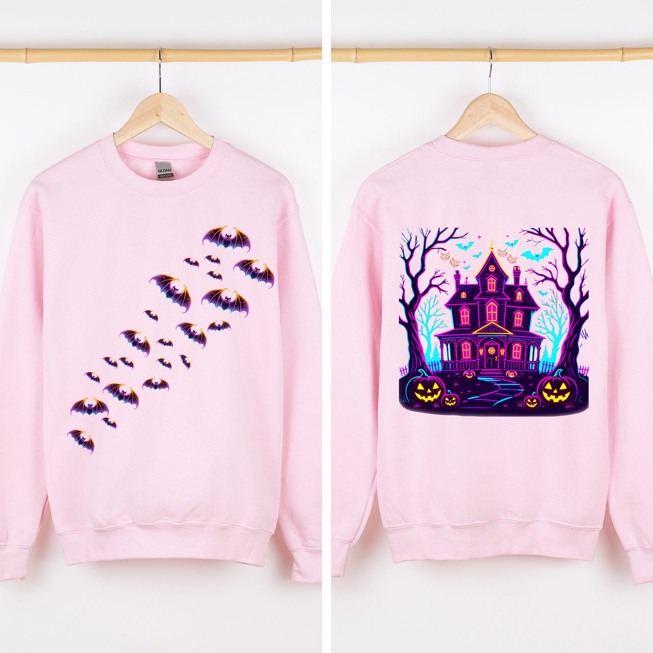 Haunted House Bright Colors Front And Back Print Bats Ghosts Halloween Sweatshirt