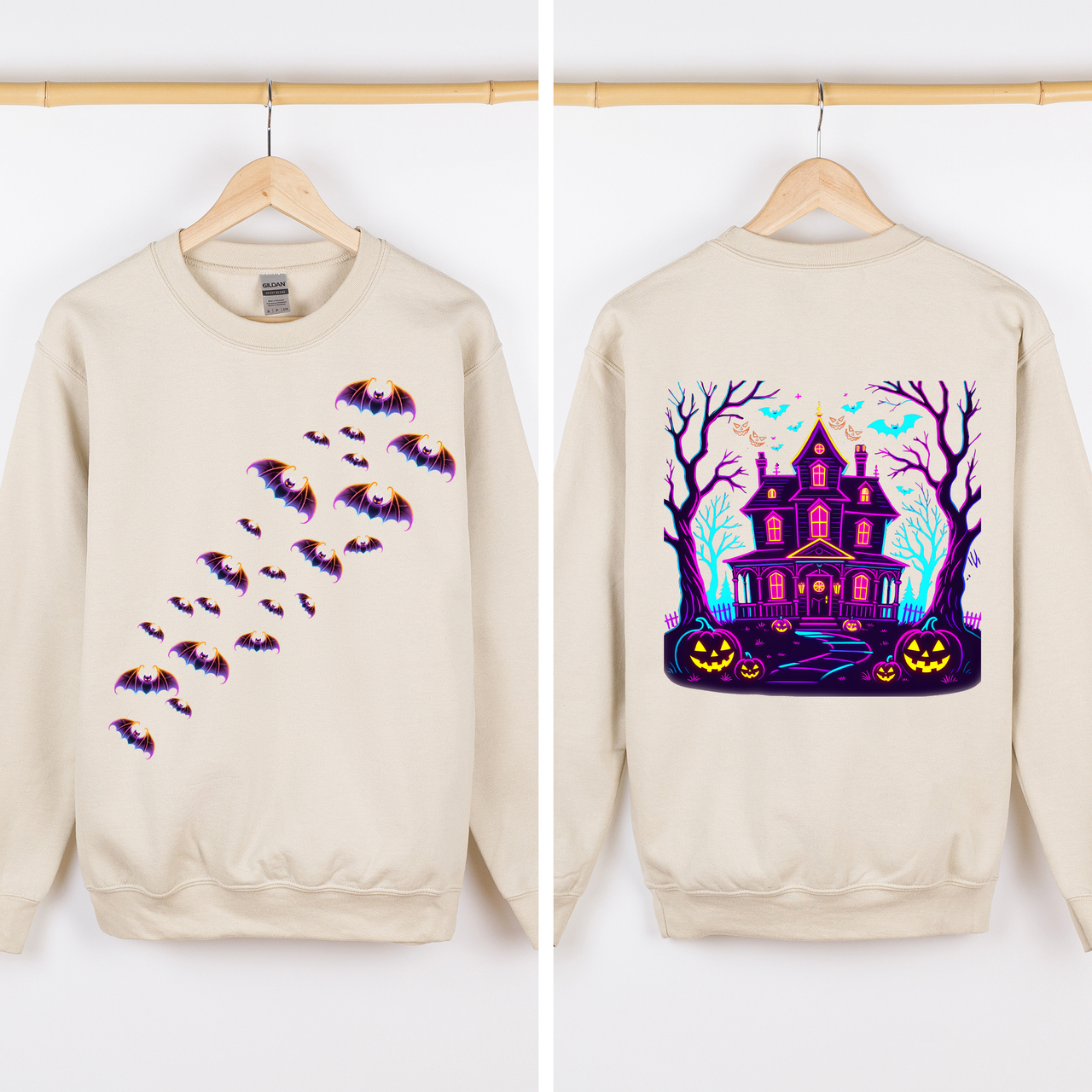 Haunted House Bright Colors Front And Back Print Bats Ghosts Halloween Sweatshirt