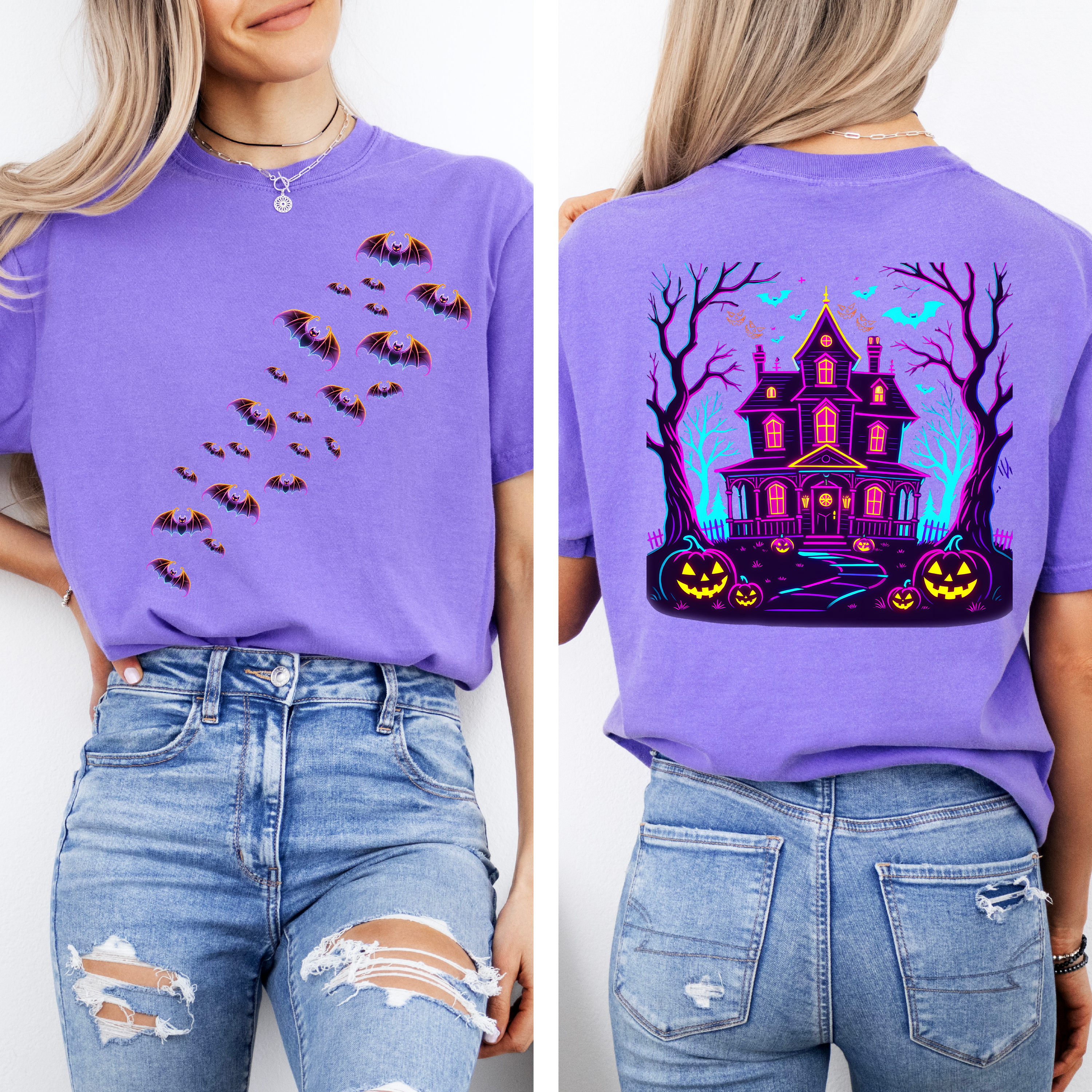 Haunted House Front And Back Bats Ghosts Spooky Scene Glow In The Dark Comfort Colors Tee
