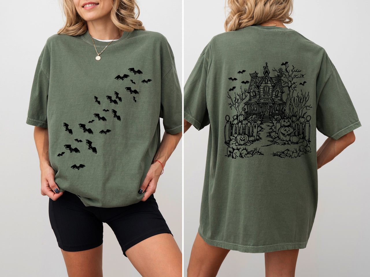 Haunted House Front And Back Halloween Retro Fall Autumn Bats Witches Skeleton Jack-O-Lanterns Comfort Colors Tee