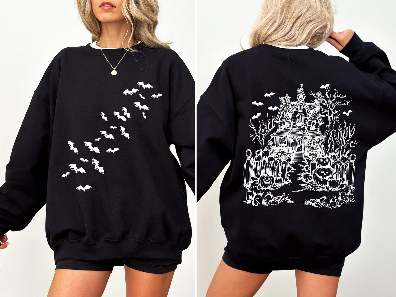 Haunted House Halloween Retro Bats Witches Skeleton Jack-O-Lanterns Spooky Sweatshirt