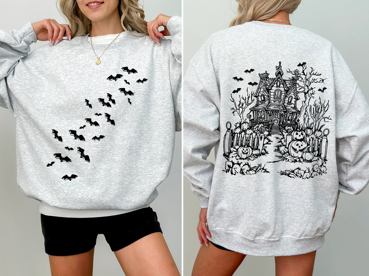 Haunted House Halloween Retro Bats Witches Skeleton Jack-O-Lanterns Spooky Sweatshirt
