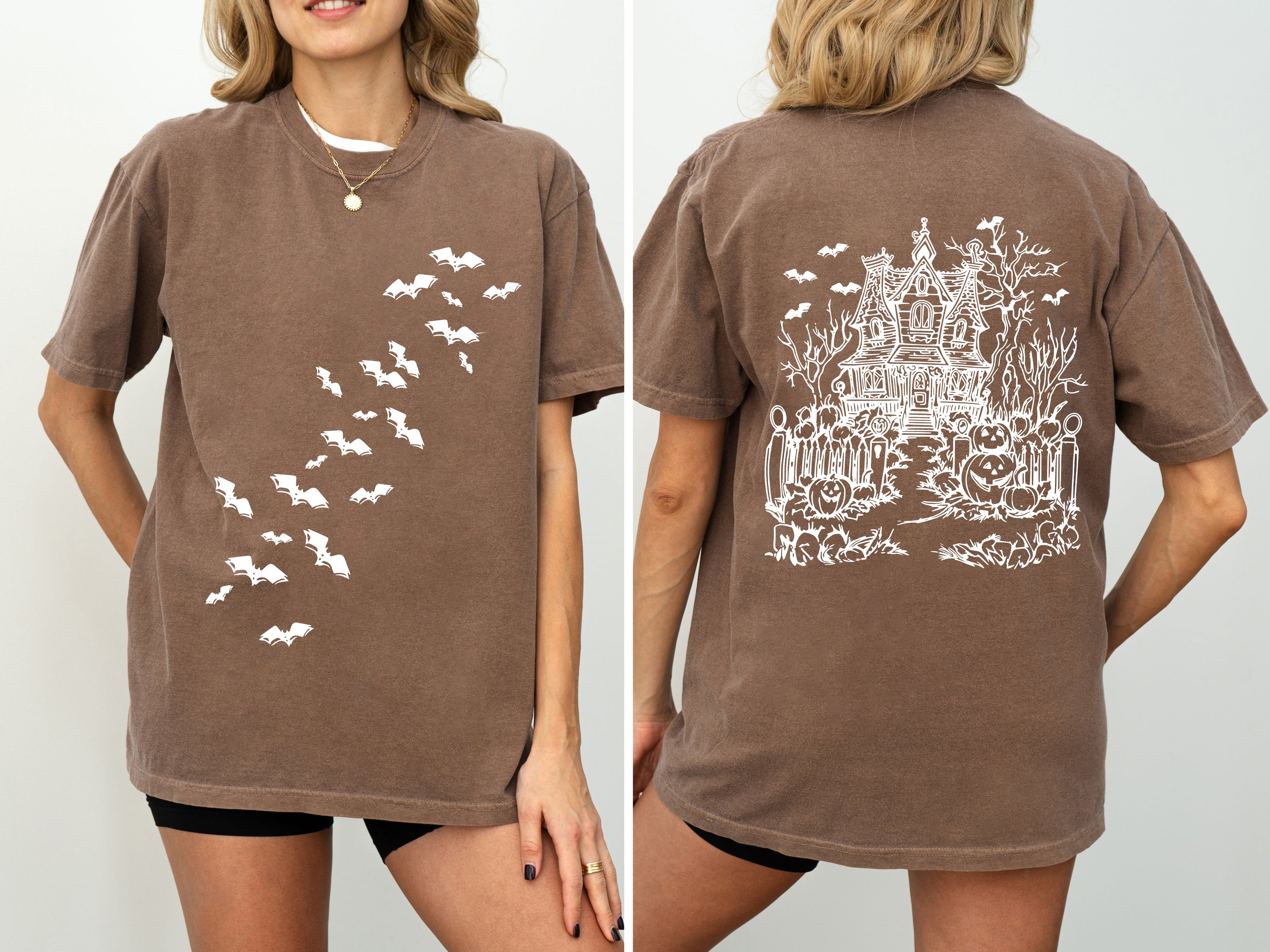 Haunted House Front And Back Halloween Retro Fall Autumn Bats Witches Skeleton Jack-O-Lanterns Comfort Colors Tee
