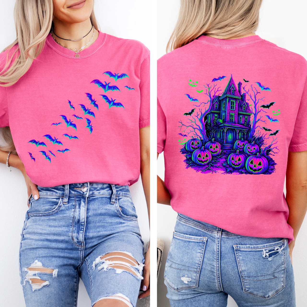 Haunted House Halloween Night Bright Colors Bats Ghosts Spooky Scene Illustration Comfort Colors Tee