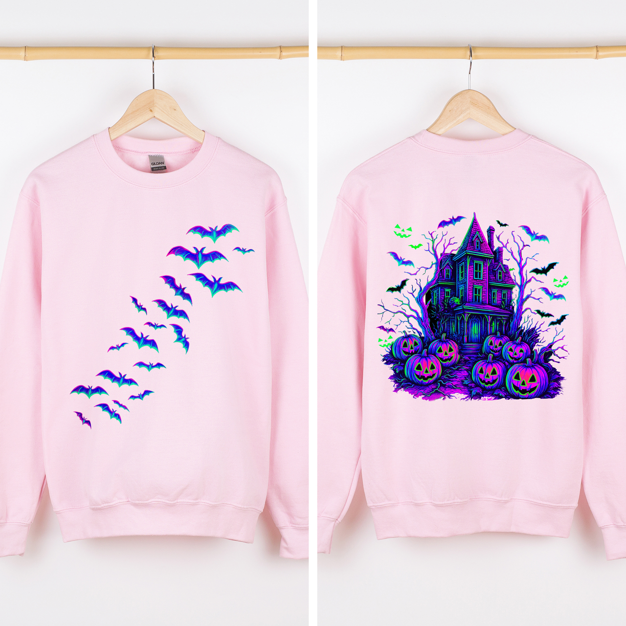 Haunted House Bright Colors Halloween Scene With Bats And Ghosts Spooky Night Parade Sweatshirt
