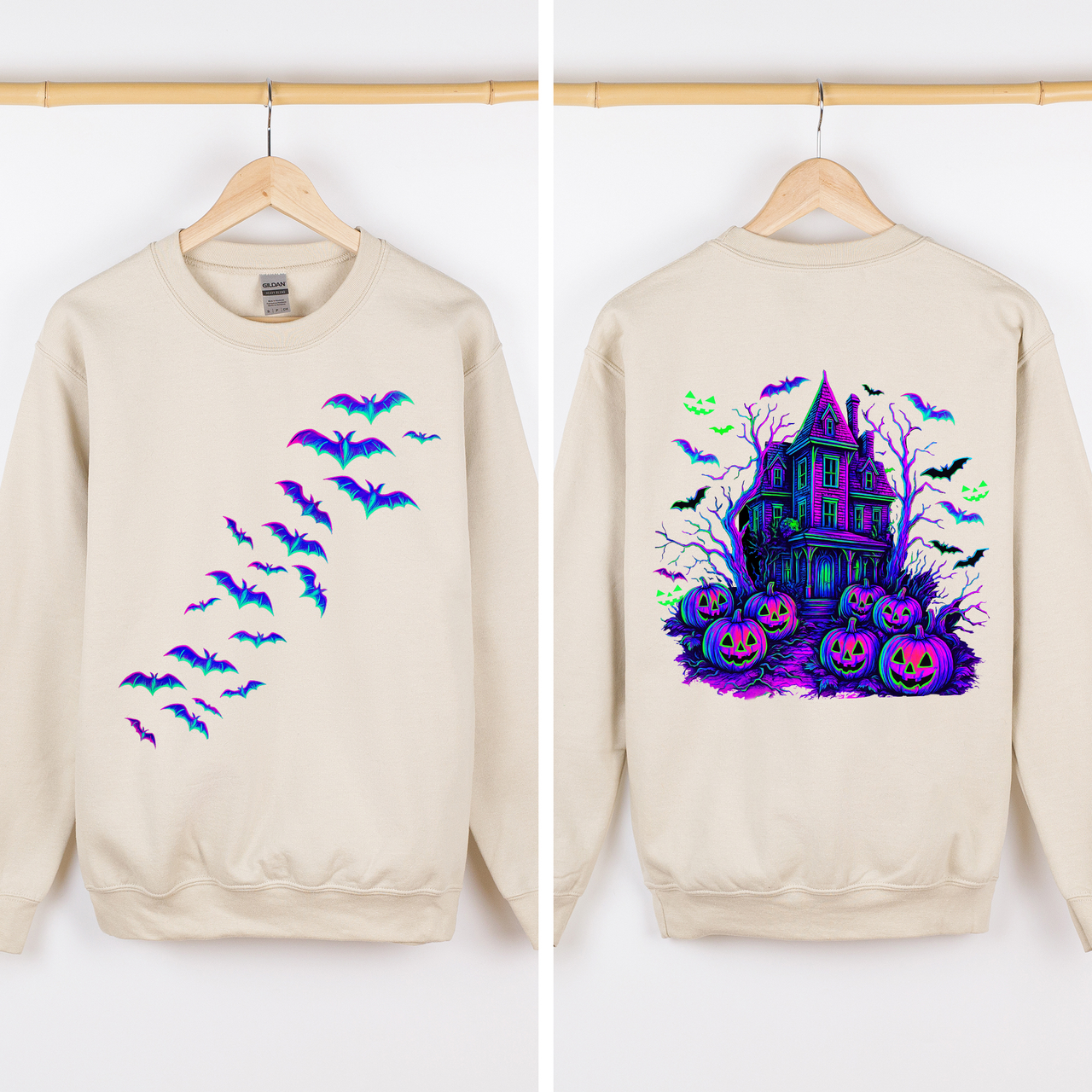 Haunted House Bright Colors Halloween Scene With Bats And Ghosts Spooky Night Parade Sweatshirt