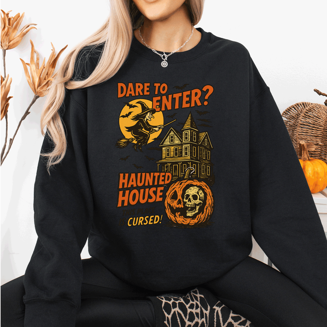 Haunted House Halloween Retro Spooky Witch Night Sky Moonlit Pumpkin Tales Vintage Illustration Sweatshirt