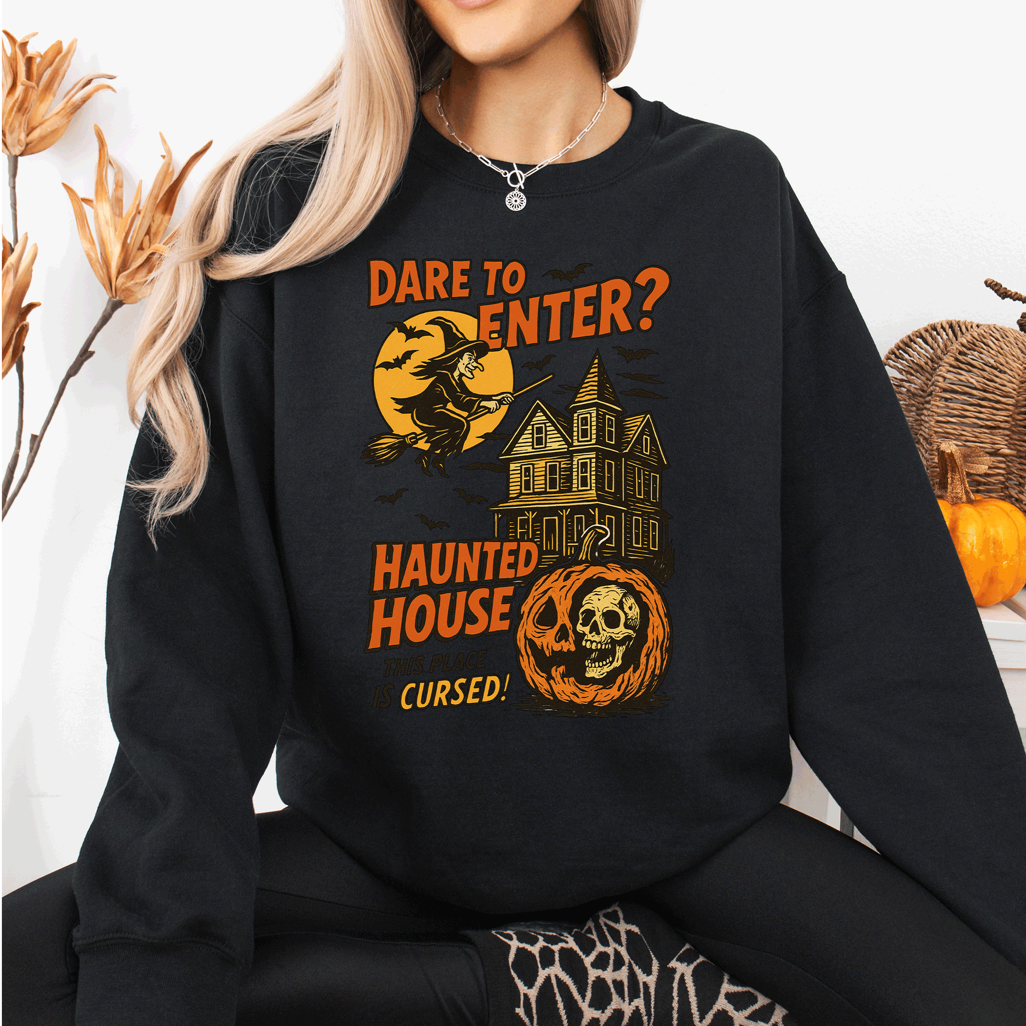 Haunted House Halloween Retro Spooky Witch Night Sky Moonlit Pumpkin Tales Vintage Illustration Sweatshirt