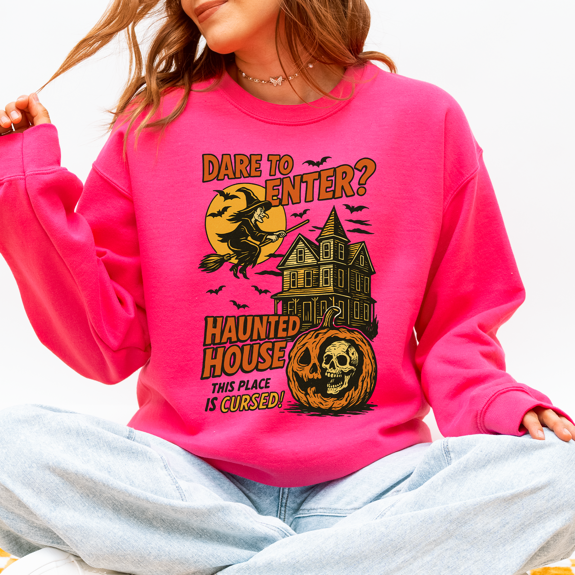 Haunted House Halloween Retro Spooky Witch Night Sky Moonlit Pumpkin Tales Vintage Illustration Sweatshirt
