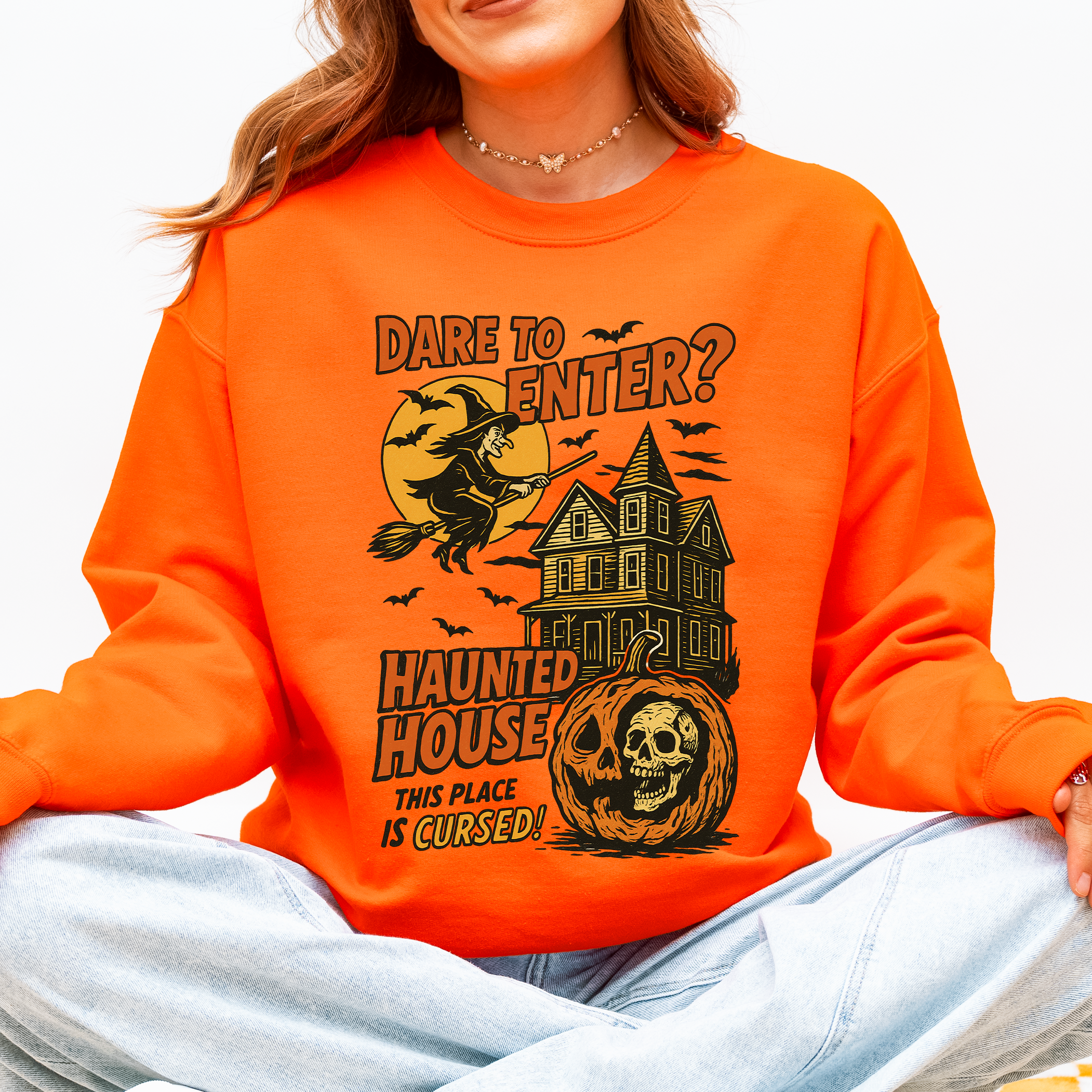 Haunted House Halloween Retro Spooky Witch Night Sky Moonlit Pumpkin Tales Vintage Illustration Sweatshirt